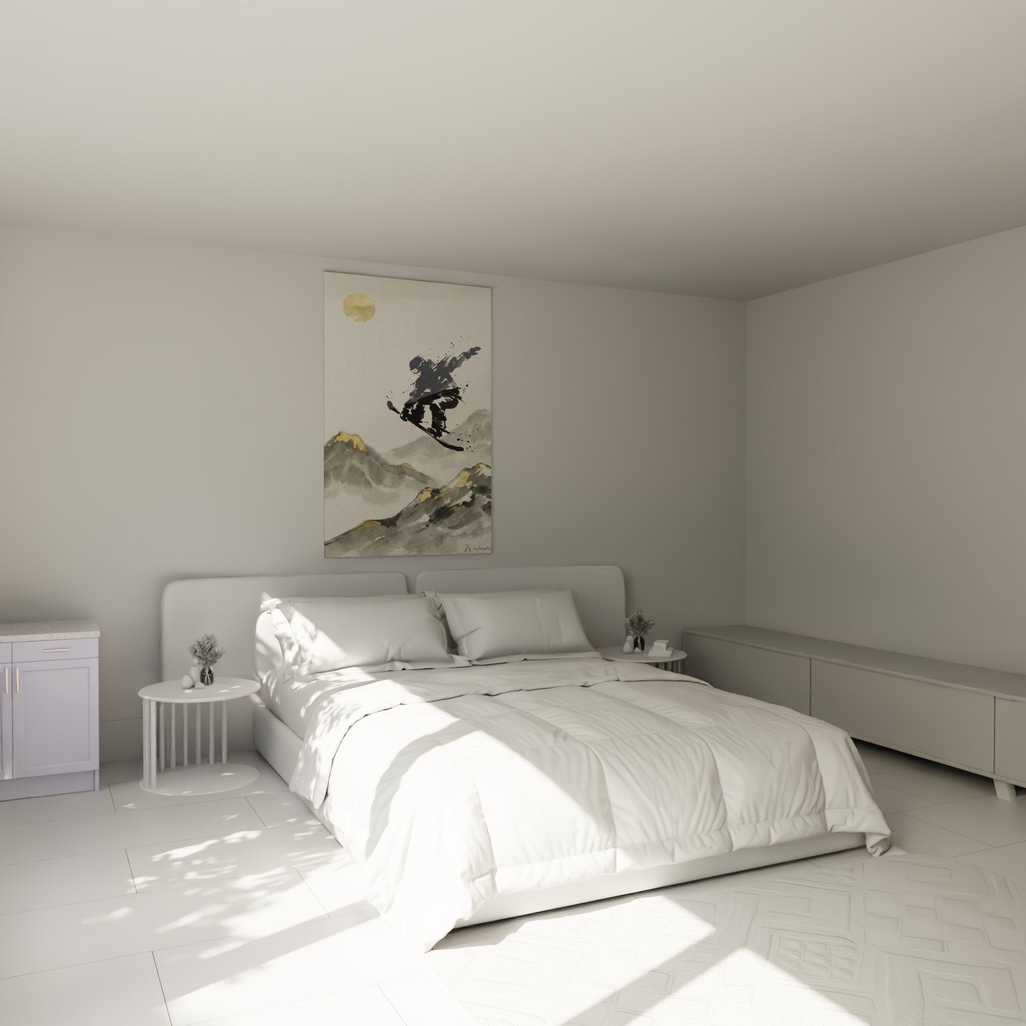 Decoration chambre avec tableau snowboard artistique japonais accroche au mur au-dessus du lit moderne