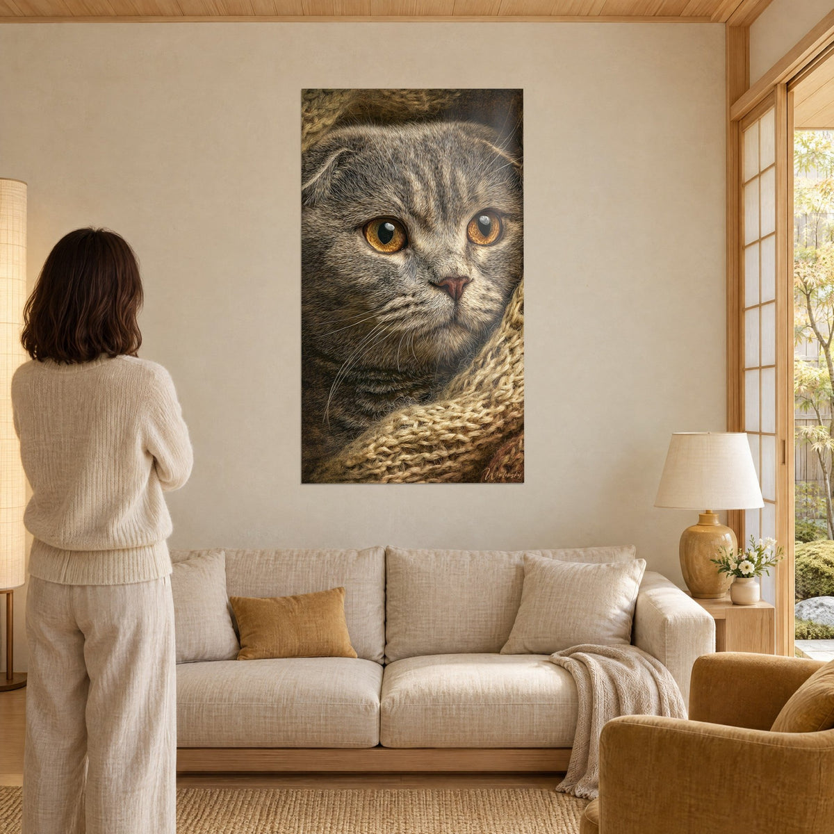 Tableau chat à oreilles pliées aux yeux ambre, pelage gris rayé sur plaid beige, au-dessus d'un canapé dans un salon lumineux