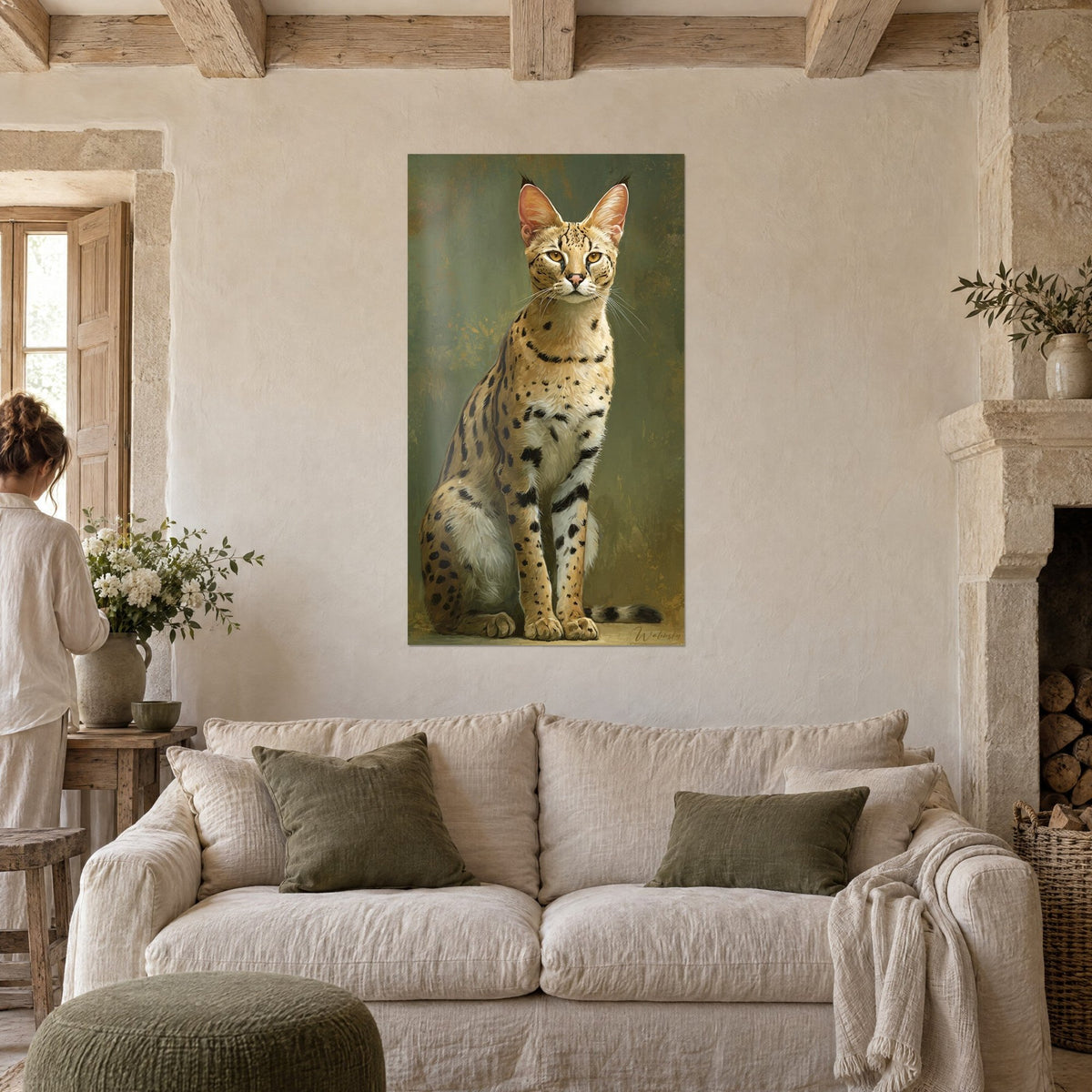 Gemälde einer sitzenden getupften Wildkatze, aufgerichtete Ohren, sandfarbenes Fell mit schwarzen Flecken vor olivgrünem Hintergrund, über einem Sofa in einem hellen Wohnzimmer
