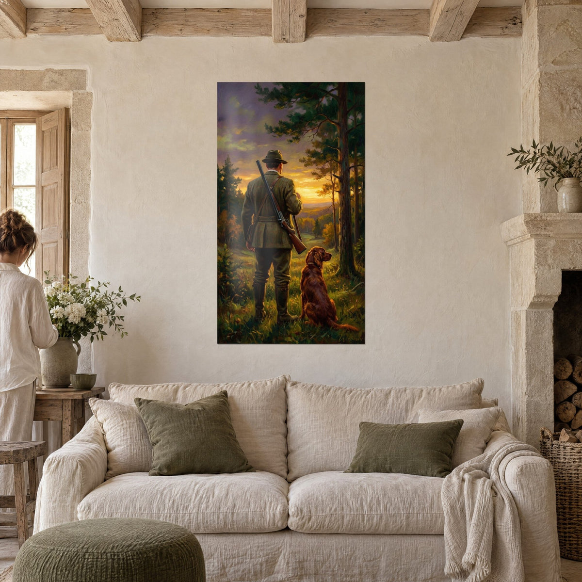Wall art hunter in a green tweed jacket and a red setter in golden dusk light, above a sofa in a bright living room