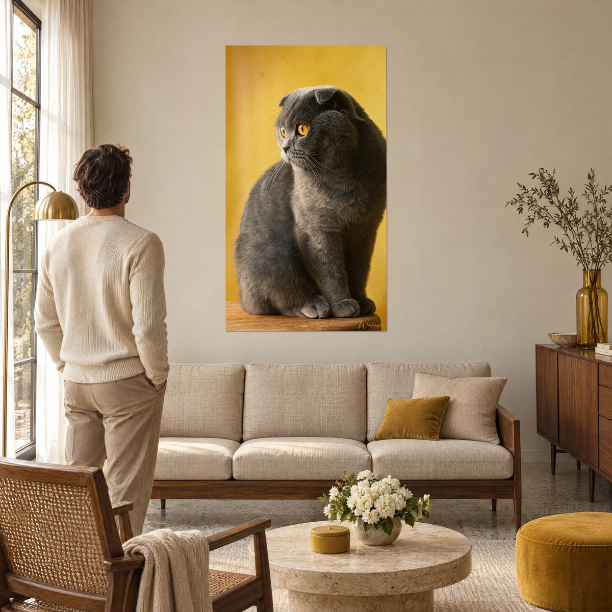 Tableau Scottish Fold gris aux yeux orange, fond jaune moutarde, homme de dos, au-dessus d'un canapé dans un salon lumineux