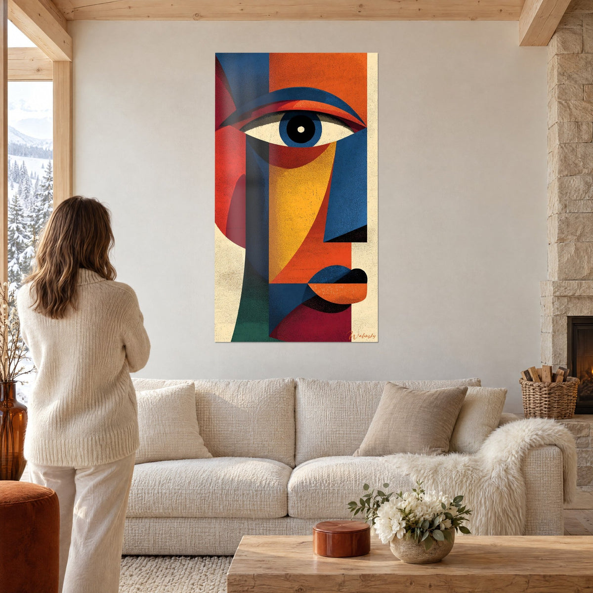 Tableau visage cubiste à l'œil iris bleu, aplats orange, rouge et jaune moutarde, femme de dos au-dessus d'un canapé dans un salon lumineux