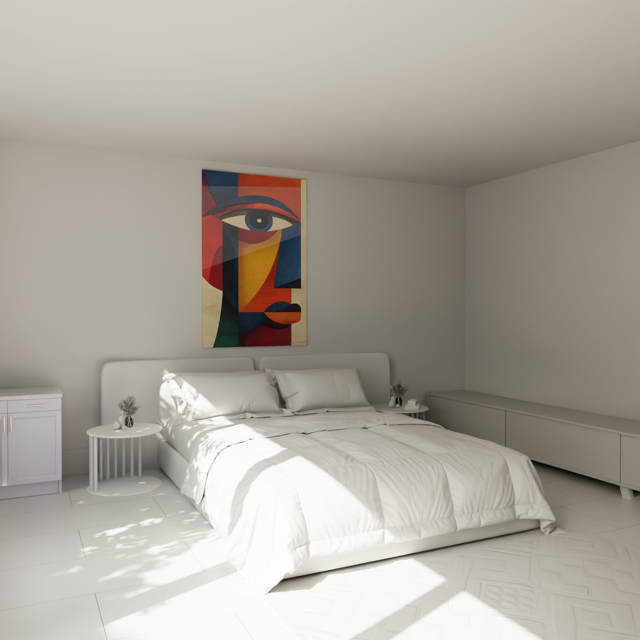 Tableau art tribal africain cubiste accroché dans une chambre moderne avec visage géométrique coloré