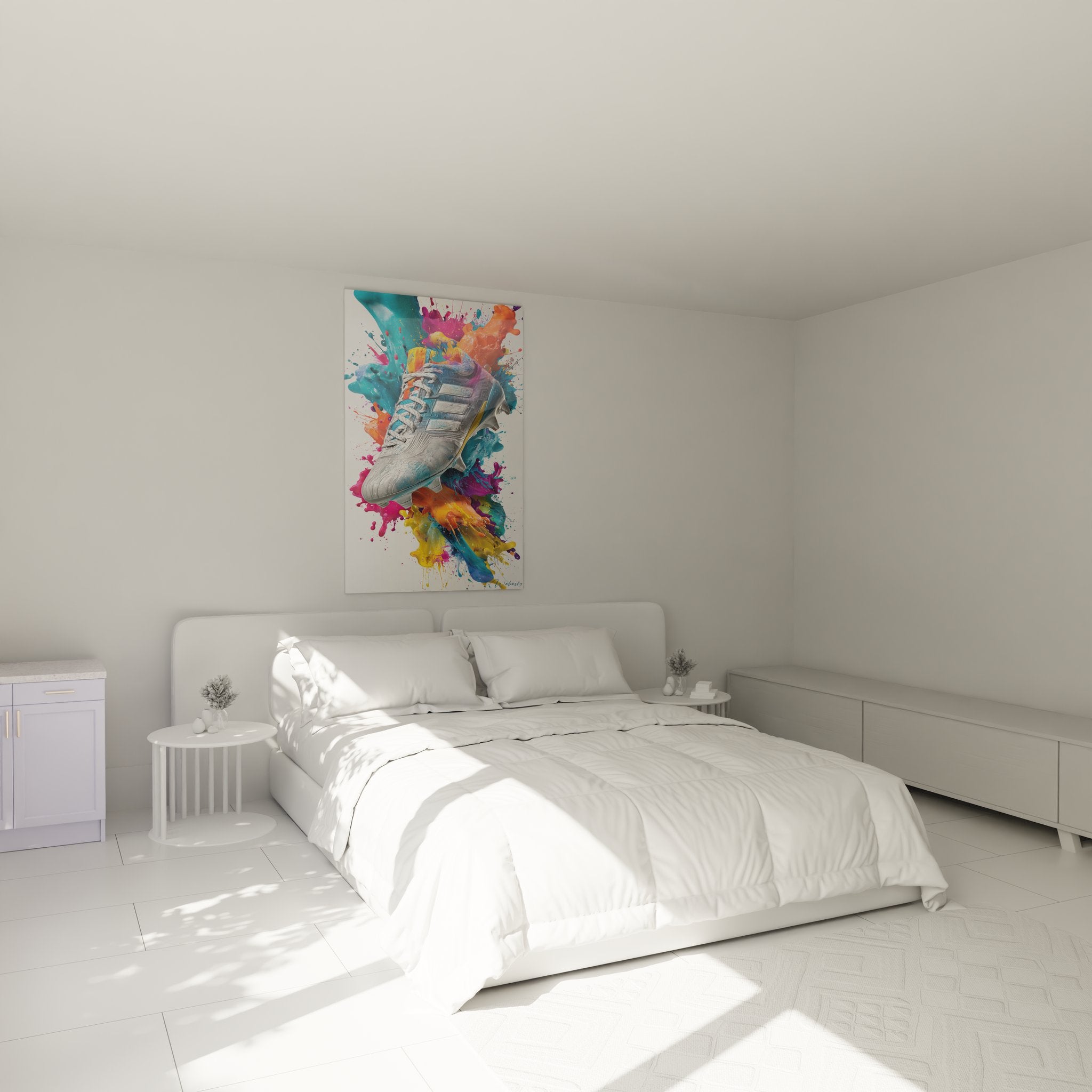 Decoration murale football artistique dans chambre moderne avec chaussure et eclaboussures colorees