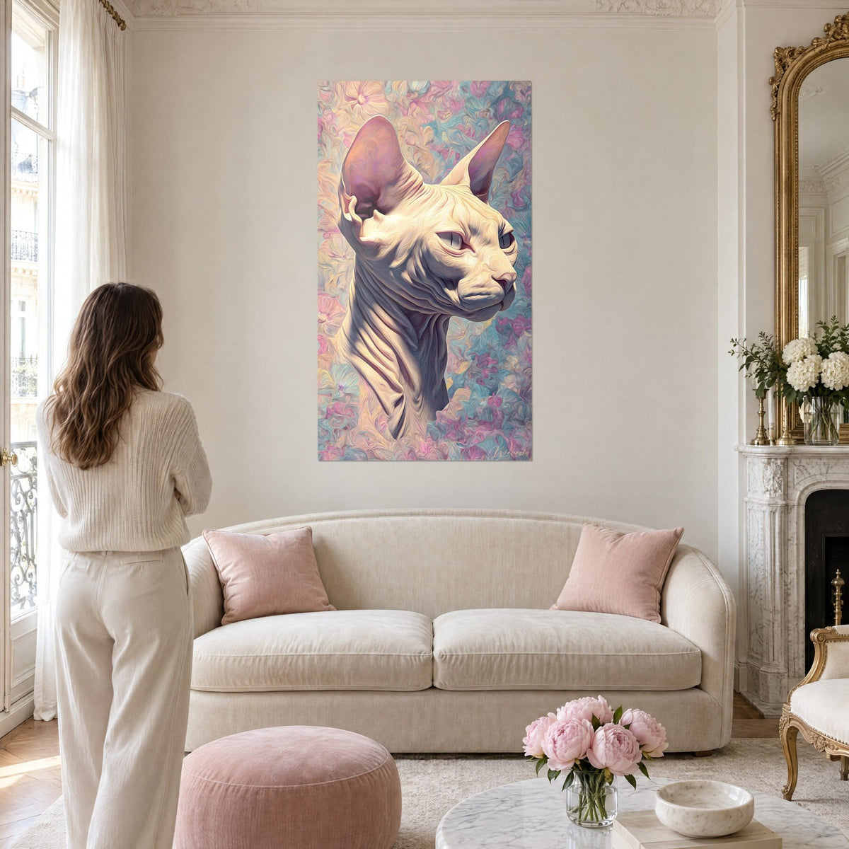 Wall art of a hairless cream Sphynx cat with pink ears against a blue and pink floral background, woman seen from behind, above a sofa in a bright living room