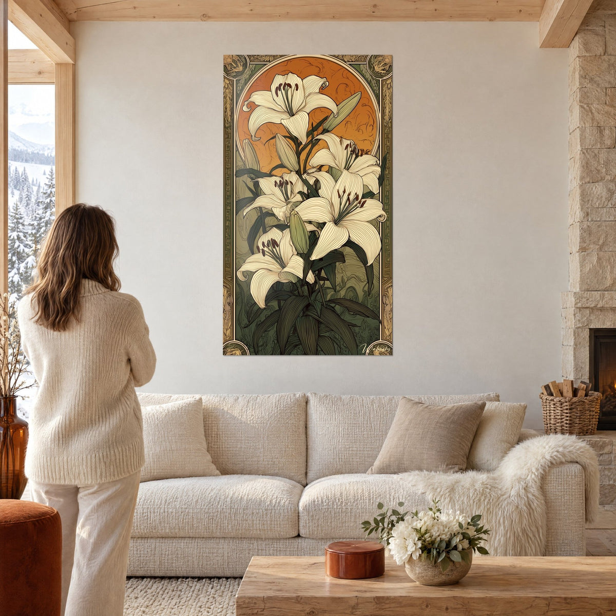 Wall art white lilies with rust-coloured stamens on an orange and sage green background, Art Deco frame, above a sofa in a bright living room