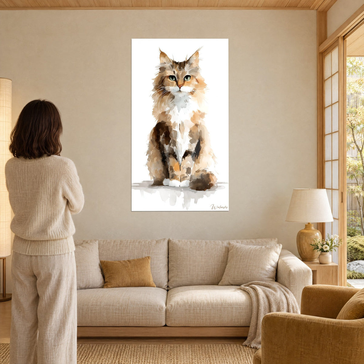 Cuadro gato siberiano sentado de ojos verdes, pelaje miel y marrón en acuarela, sobre un sofá en un salón luminoso