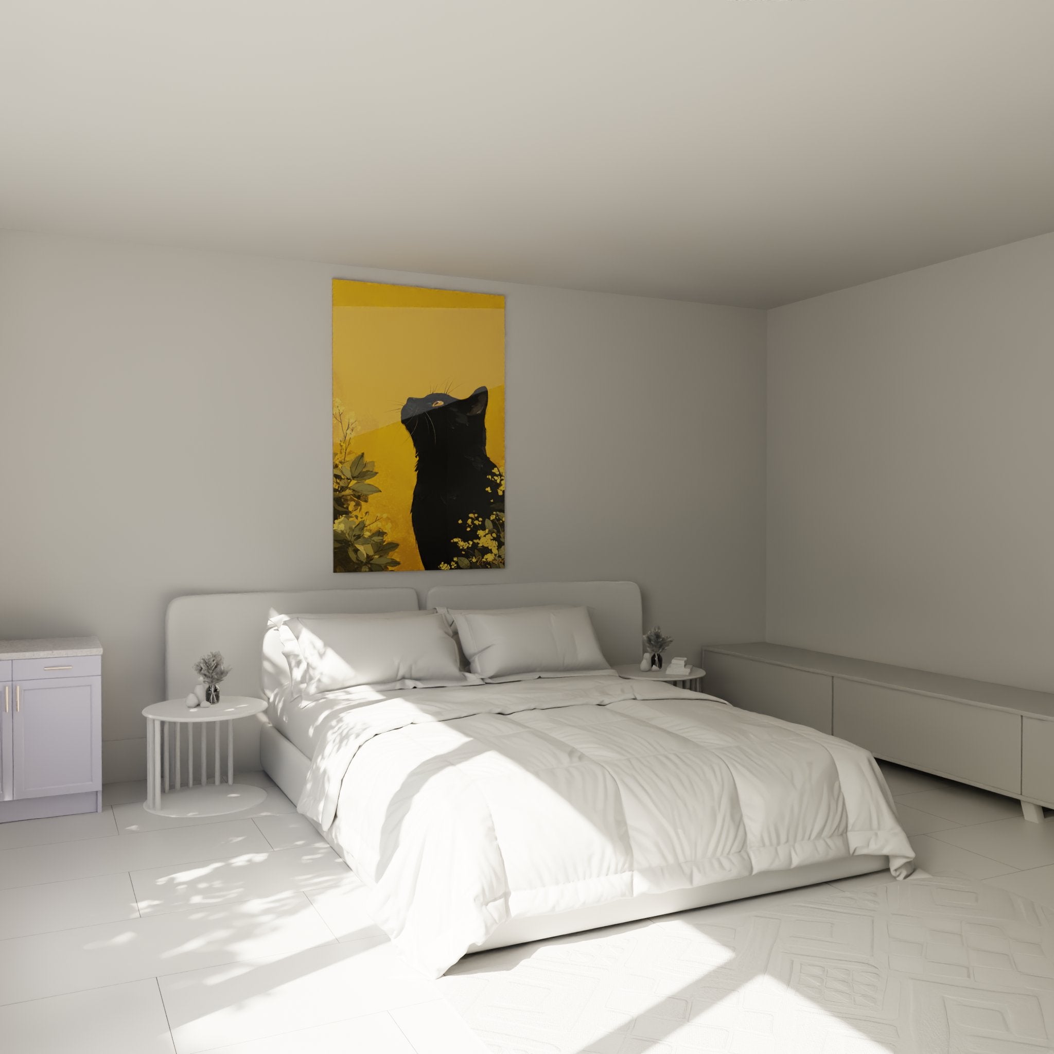 Decoration chambre avec tableau chat noir Bombay aux fleurs dorees accroche au mur moderne