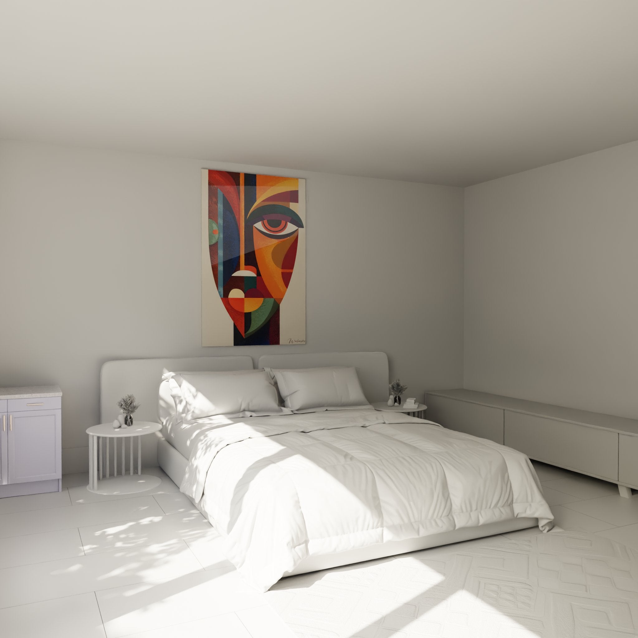 Decoration murale art tribal africain masque stylise geometrique dans chambre moderne contemporaine