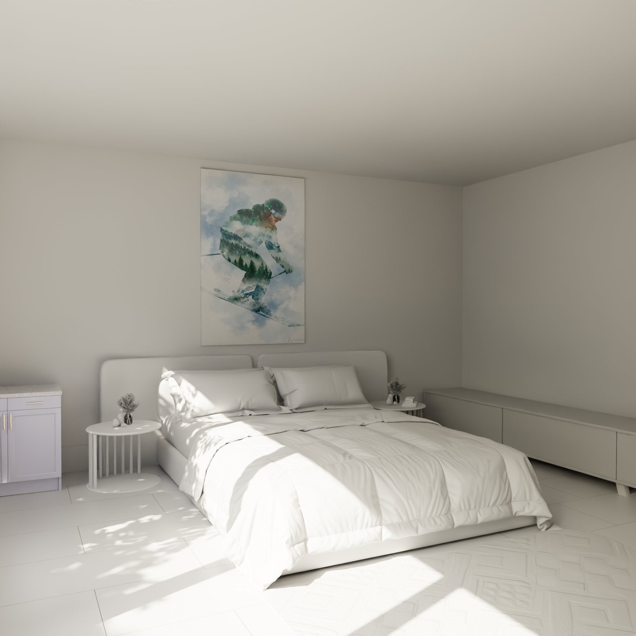 Decoration murale ski dans chambre moderne avec tableau double exposition skieur et montagne