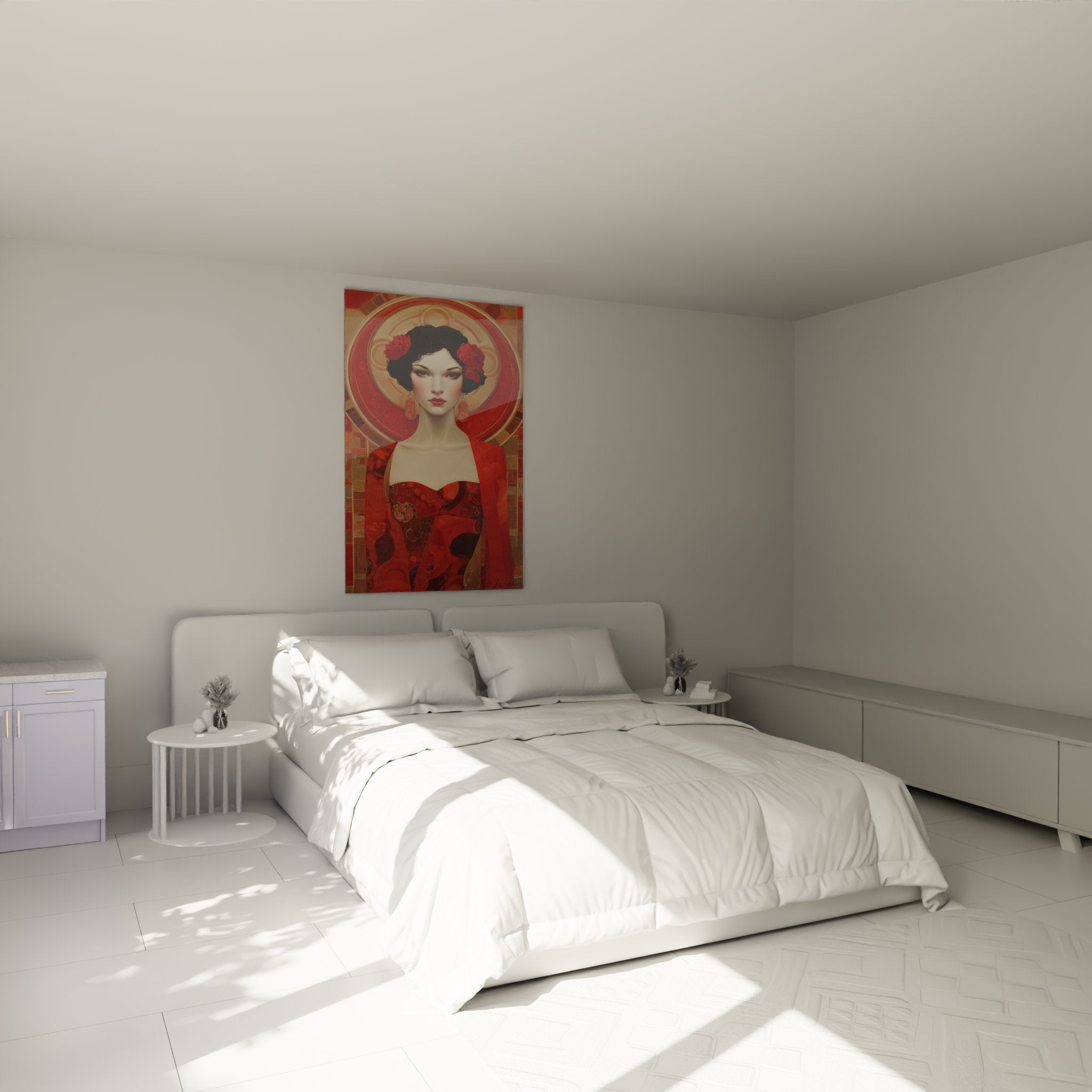 Decorazione murale art déco in camera moderna con quadro donna vintage con rose rosse