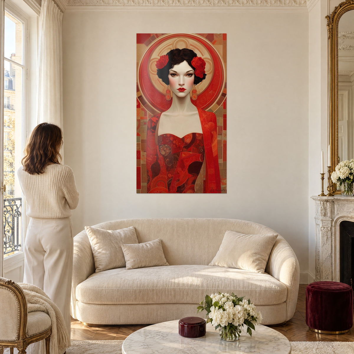 Schilderij Art-decodame met rode pioenrozen in het haar, rode en gouden halo, vrouw van achteren, boven een bank in een lichte woonkamer