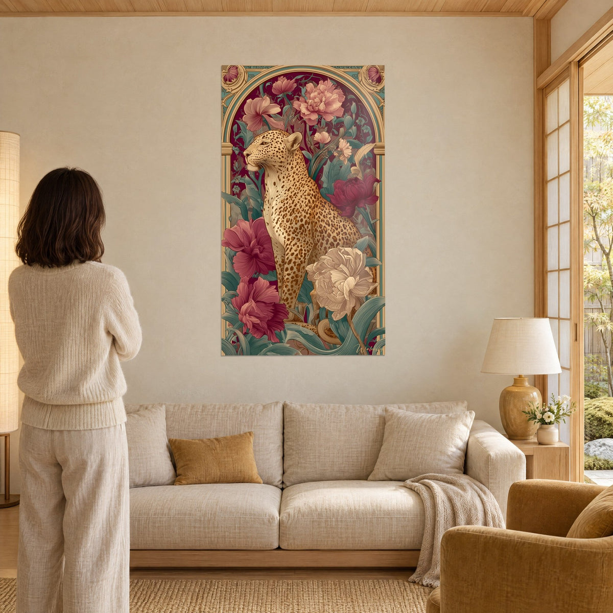 Tableau léopard tacheté or et brun parmi pivoines bordeaux, femme de dos, au-dessus d'un canapé dans un salon lumineux
