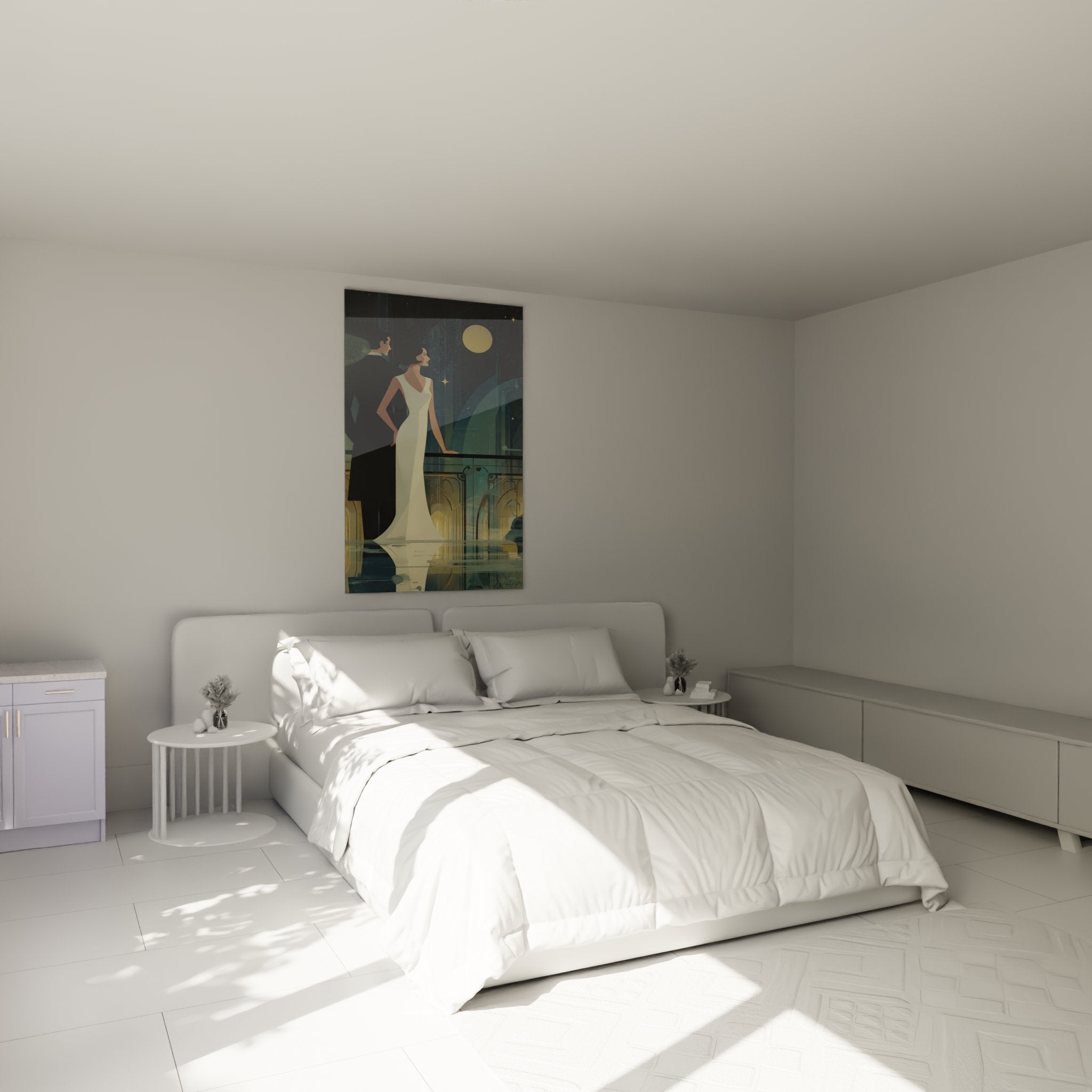 Bedroom wall art decoration art deco couple romantic balcony moon vintage elegant 1920s atmosphere