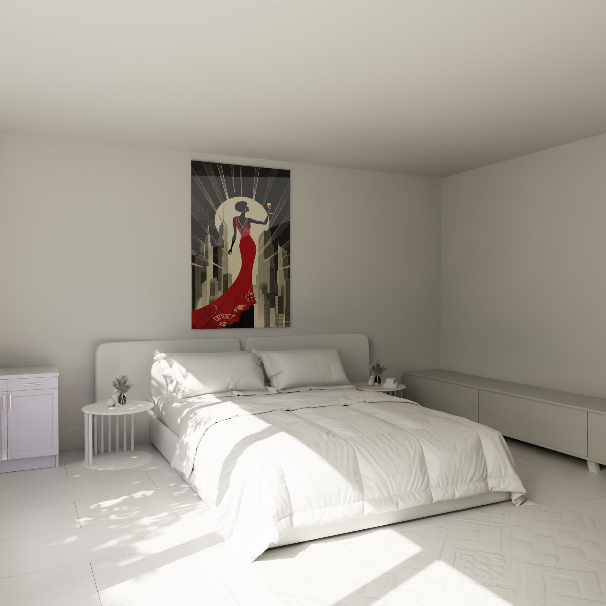 Bedroom decoration art deco woman painting glamorous red dress vintage chic ambiance wall art