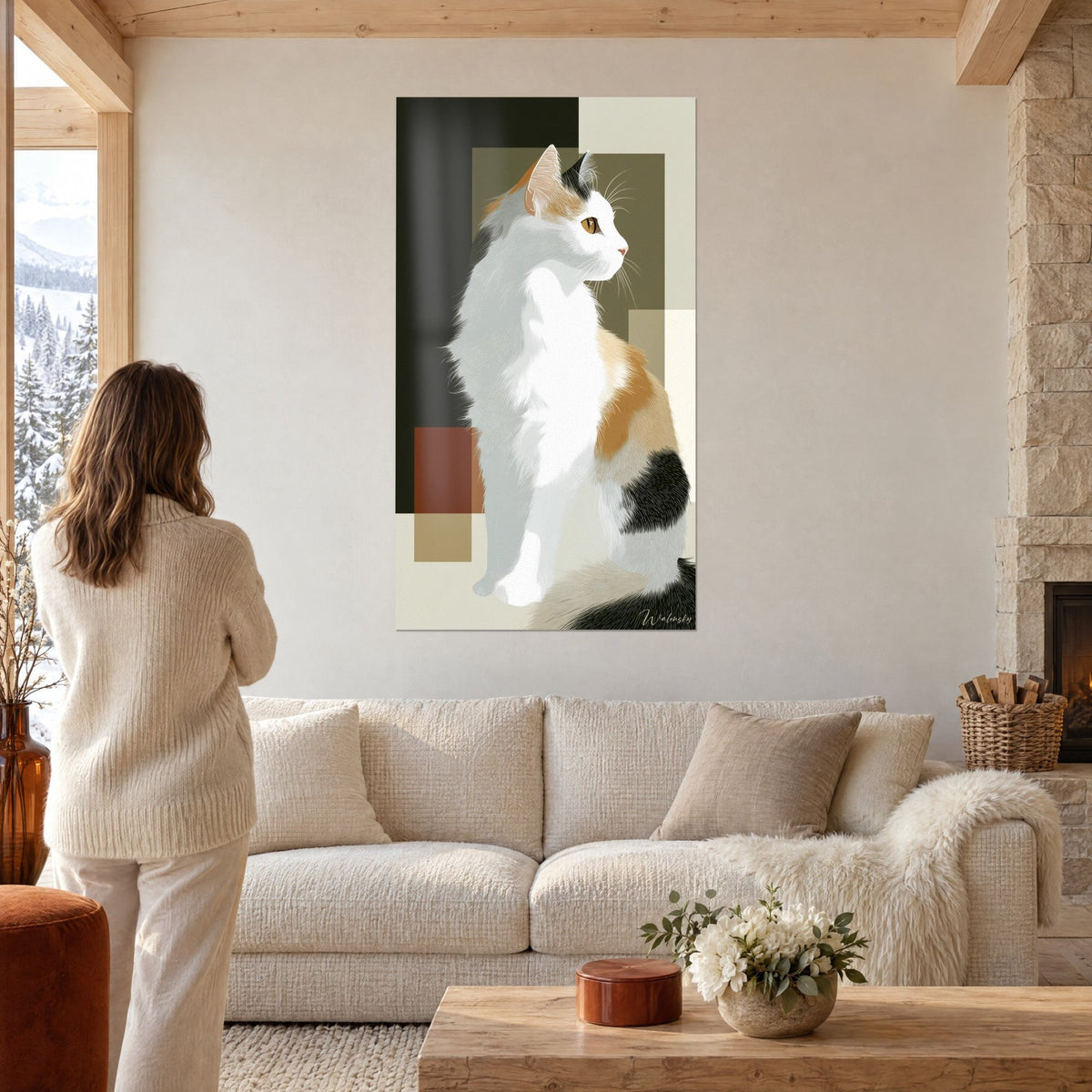 Gemälde Turkish Van Katze sitzend, weißes Fell mit orangefarbenen Flecken, khaki- und braunfarbener Hintergrund, über einem Sofa in einem hellen Wohnzimmer