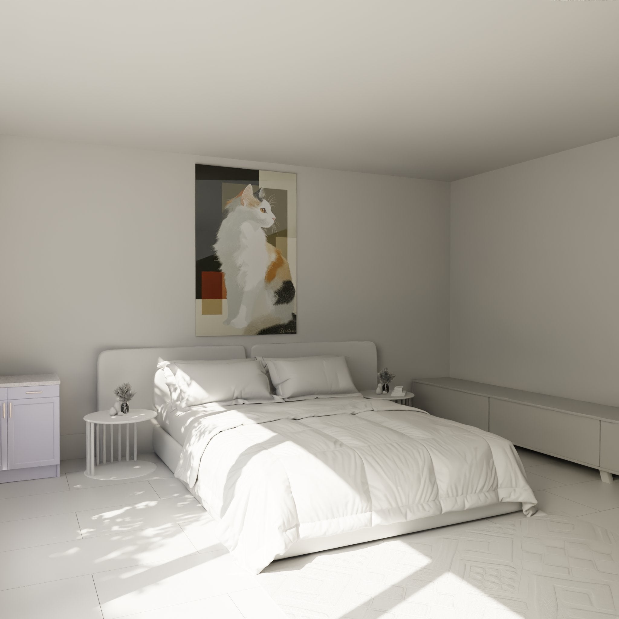 Tableau chat Turkish Van contemplatif decoration chambre ambiance cosy tons beiges neutres