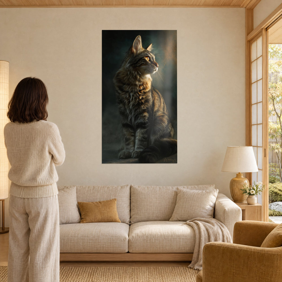 Gemälde getigerte Katze sitzend, bronzefarbenes und braunes Fell, bernsteinfarbenes Auge nach rechts gerichtet, über einem Sofa in einem hellen Wohnzimmer