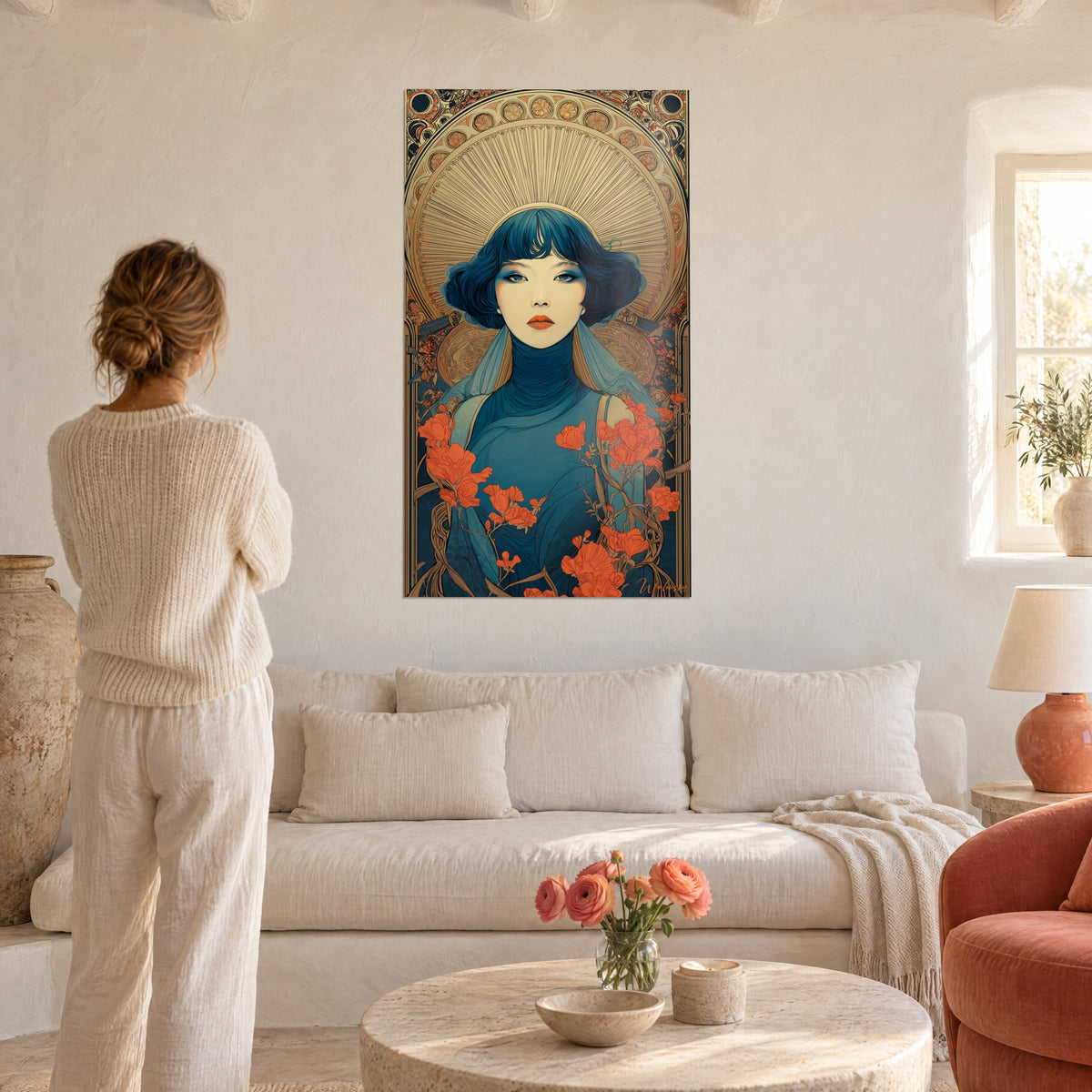 Cuadro estilo Art Nouveau de una mujer de cabello azul noche y amapolas naranjas, sobre un sofá en un salón luminoso