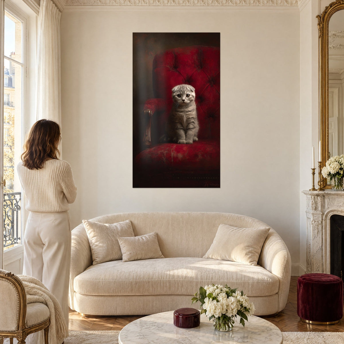 Schilderij van een Scottish Fold-katje zittend op een gecapitonneerde karmijnrode fauteuil, donkerbruine achtergrond, boven een bank in een lichte woonkamer