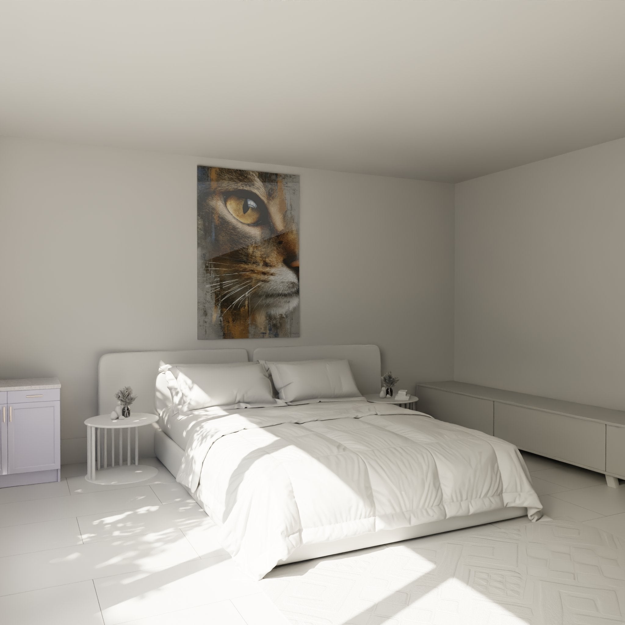 Quadro occhio gatto abissino dorato appeso al muro di una camera moderna decorazione murale felina