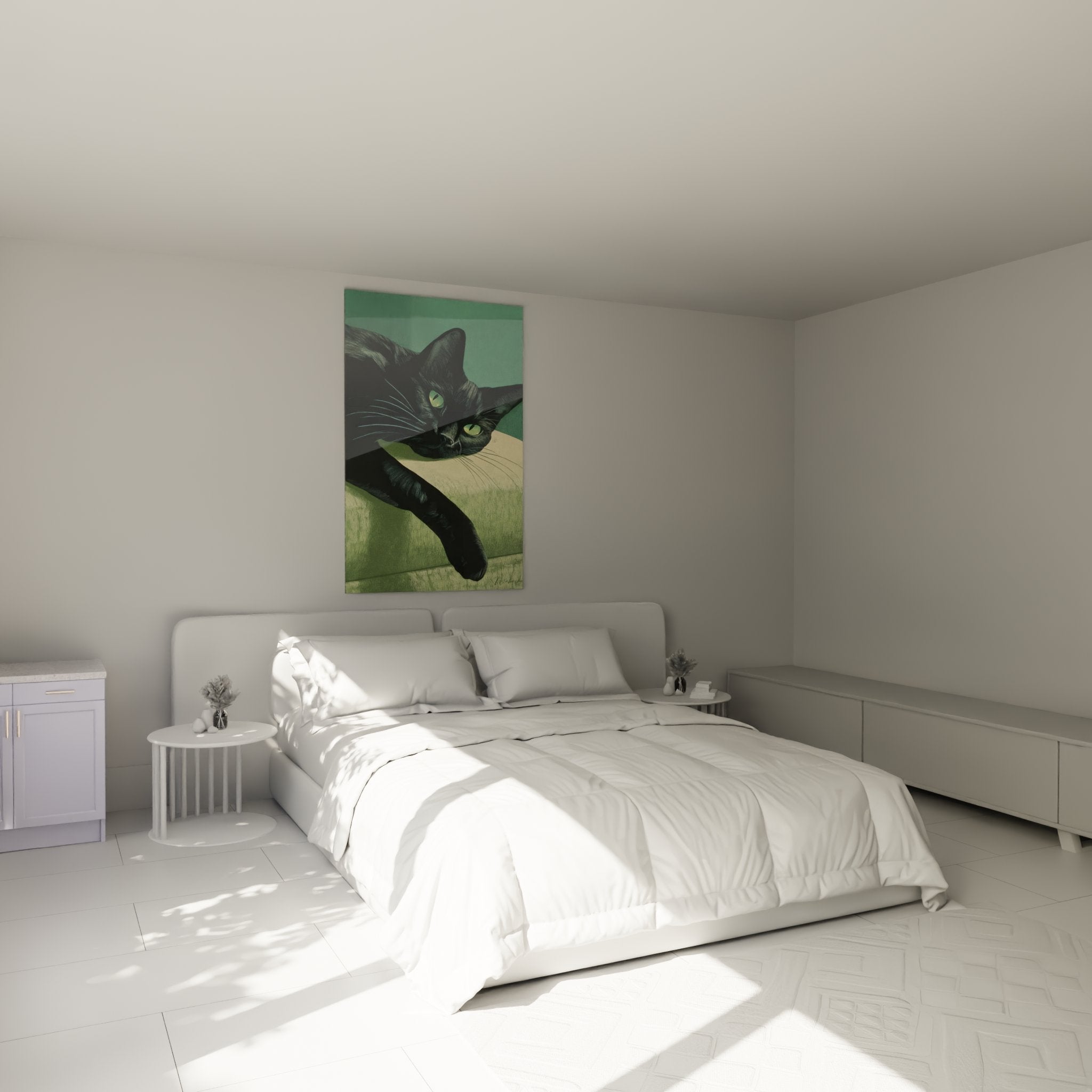 Tableau chat Bombay noir dans chambre moderne, ambiance cosy avec décoration murale féline