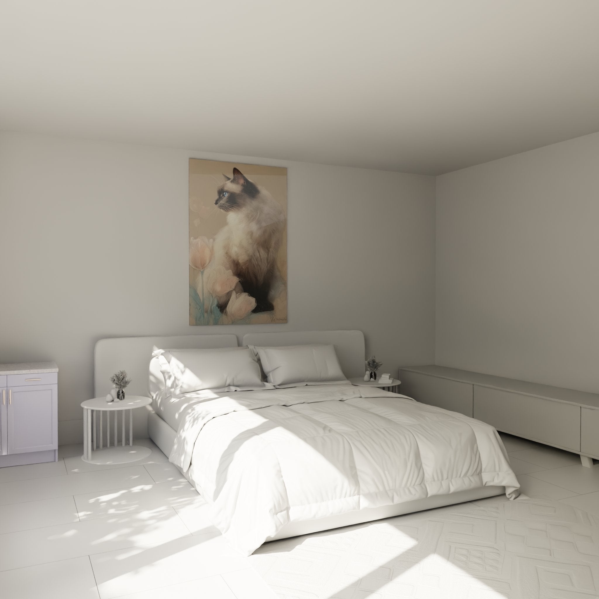 Decorazione camera da letto con quadro gatto birmano e tulipani, atmosfera dolce e raffinata per interni accoglienti