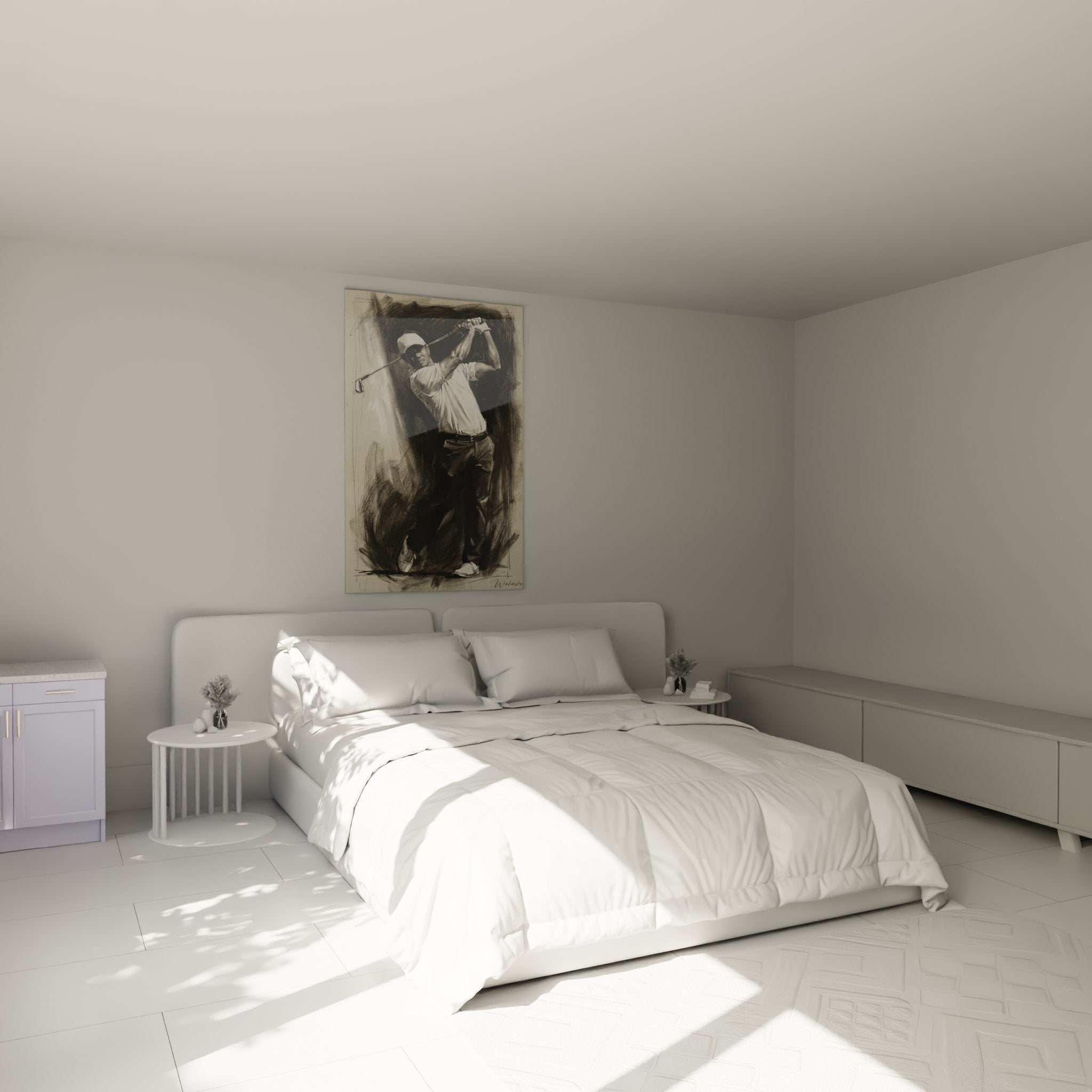 Decoration murale golf dans chambre moderne, tableau golfeur swing accroche au mur au-dessus du lit