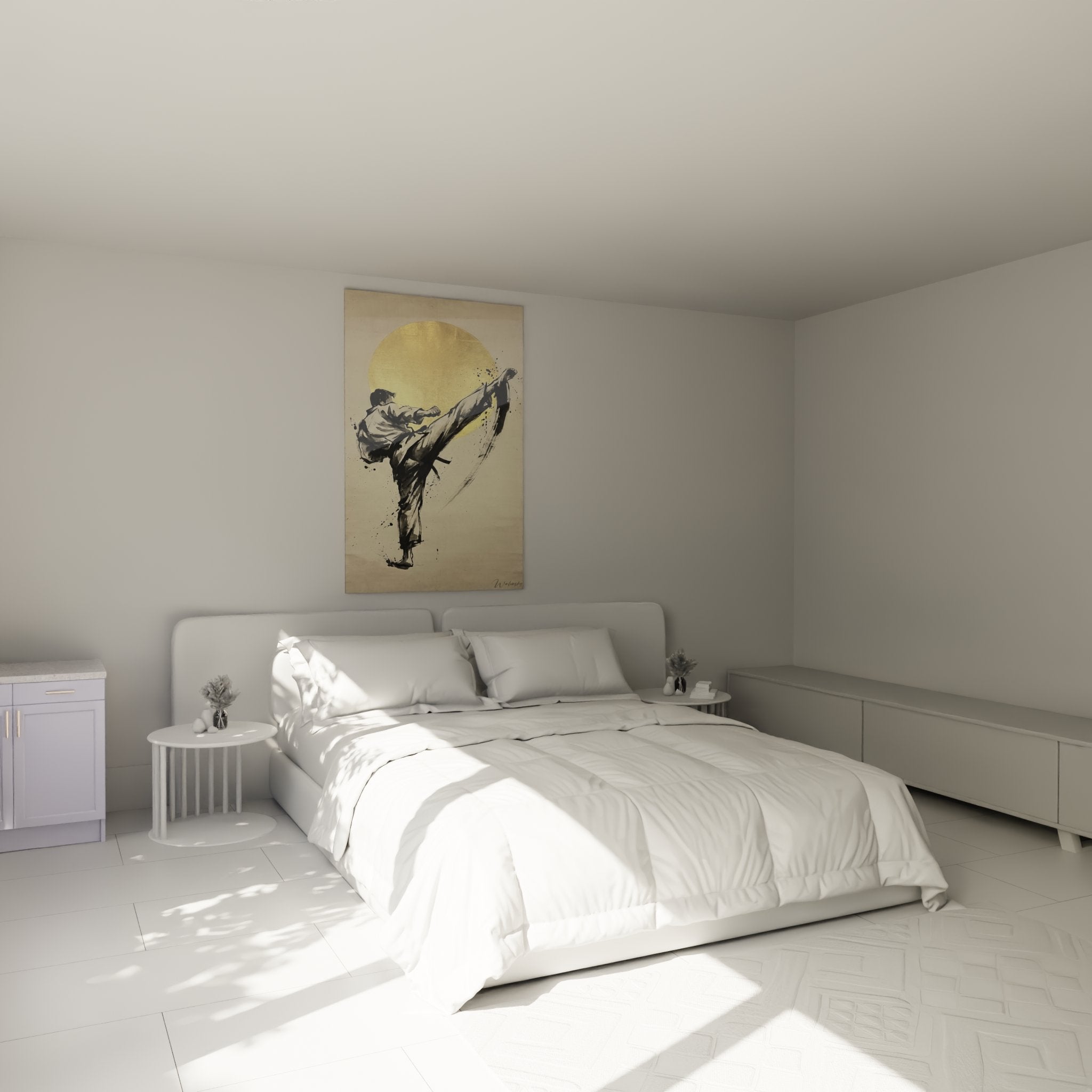 Tableau karaté coup de pied haut installé dans une chambre moderne, art martial japonais déco murale soleil doré
