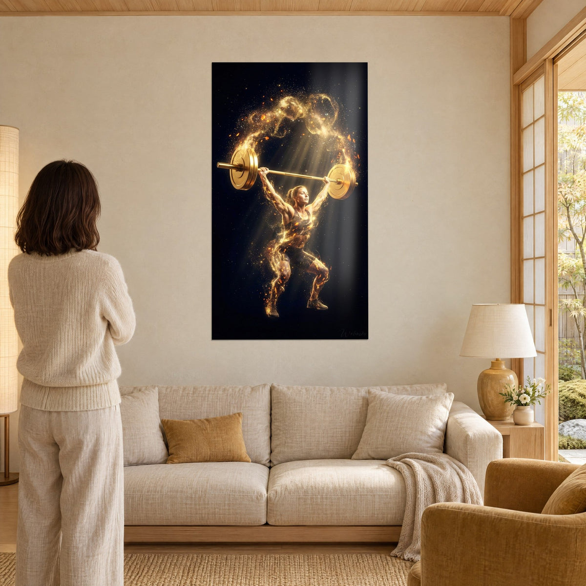 Wall art gold weightlifter lifting a barbell with golden plates, amber sparks on black background, above a sofa in a bright living room