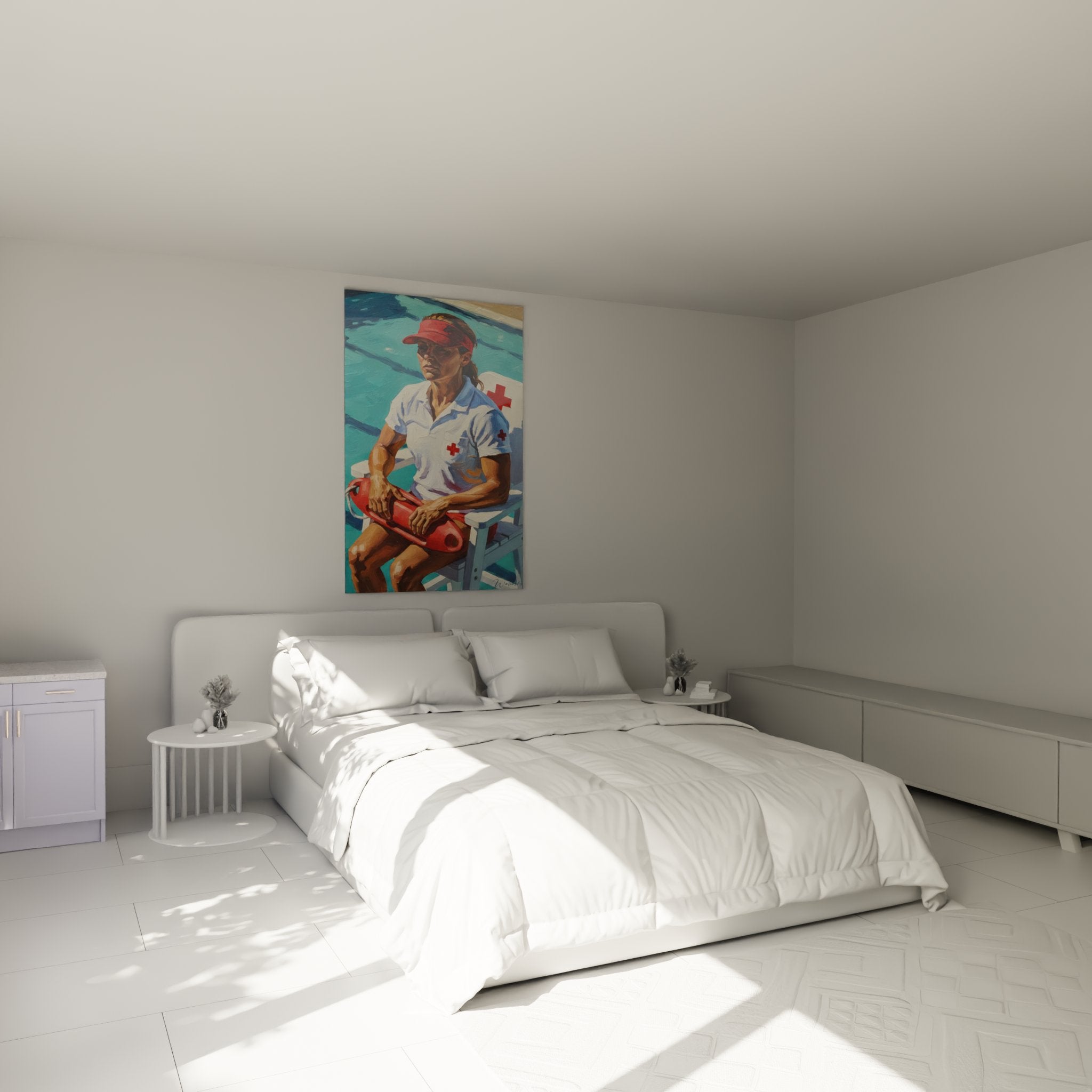 Decoration murale chambre tableau maitre-nageur sauveteur piscine art natation bouee sauvetage rouge