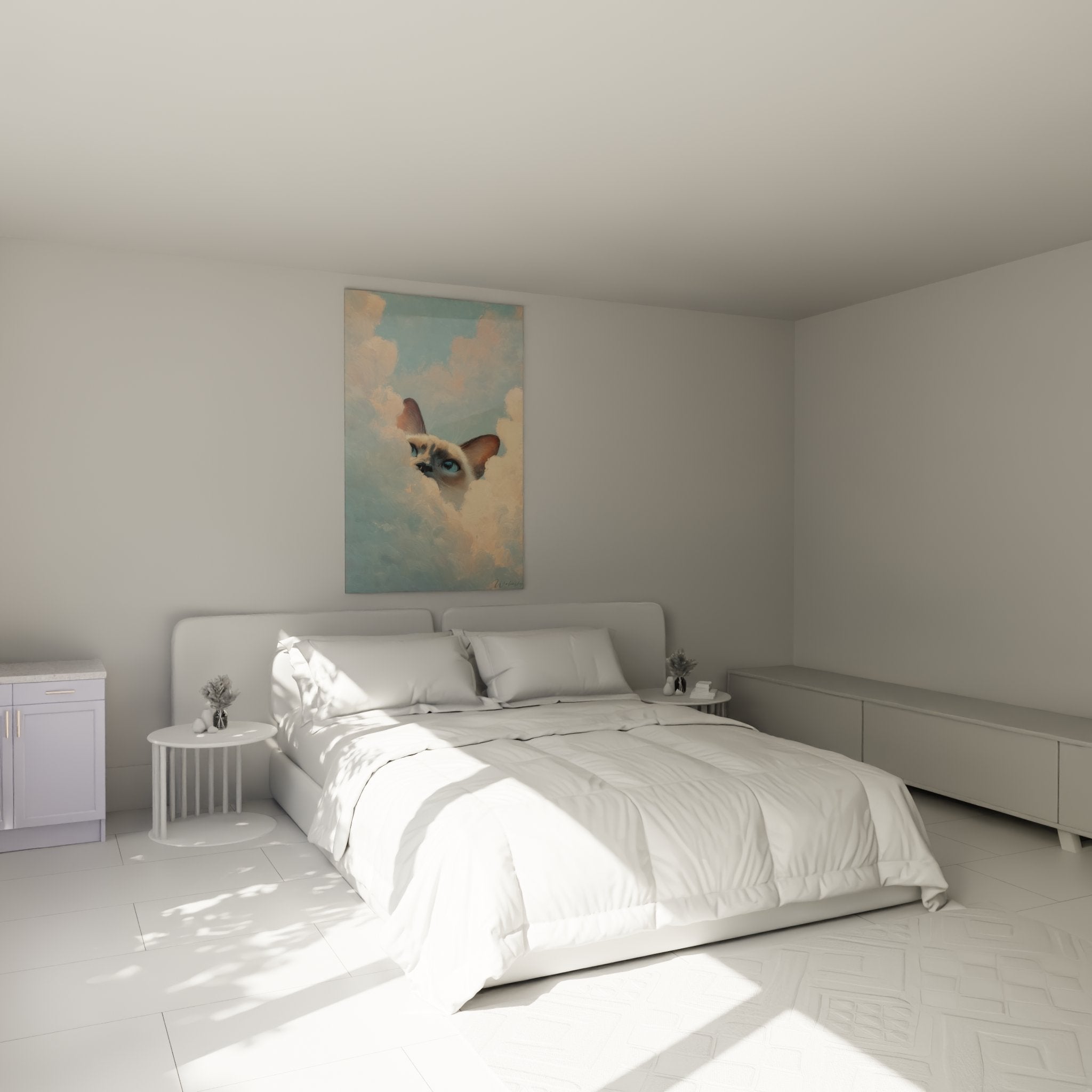 Decorazione camera da letto con quadro gatto Tonkinese celestiale tra le nuvole, atmosfera rilassante e moderna