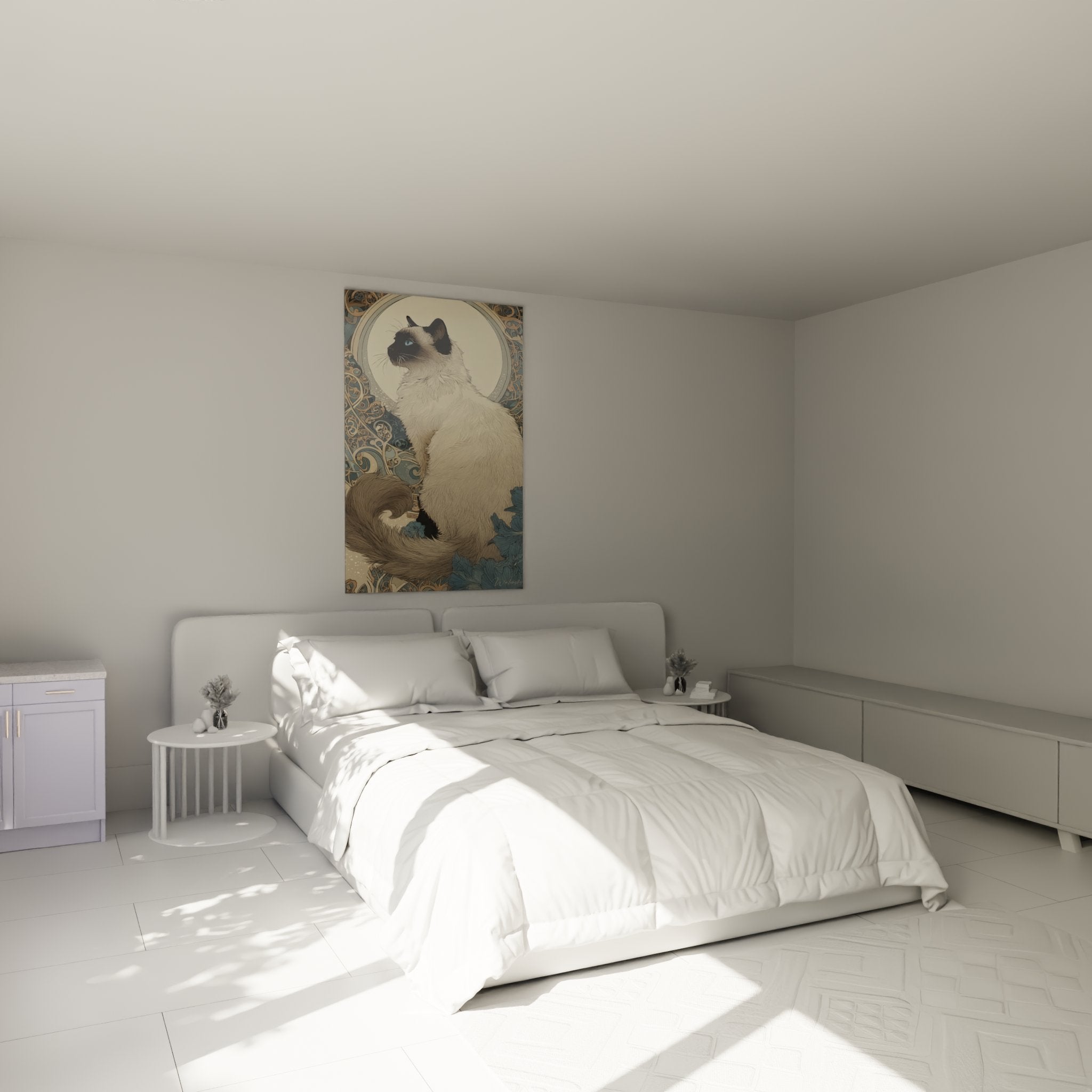 Décoration chambre avec tableau chat Balinais Art Nouveau aux tons poudrés beige et bleu pour ambiance apaisante