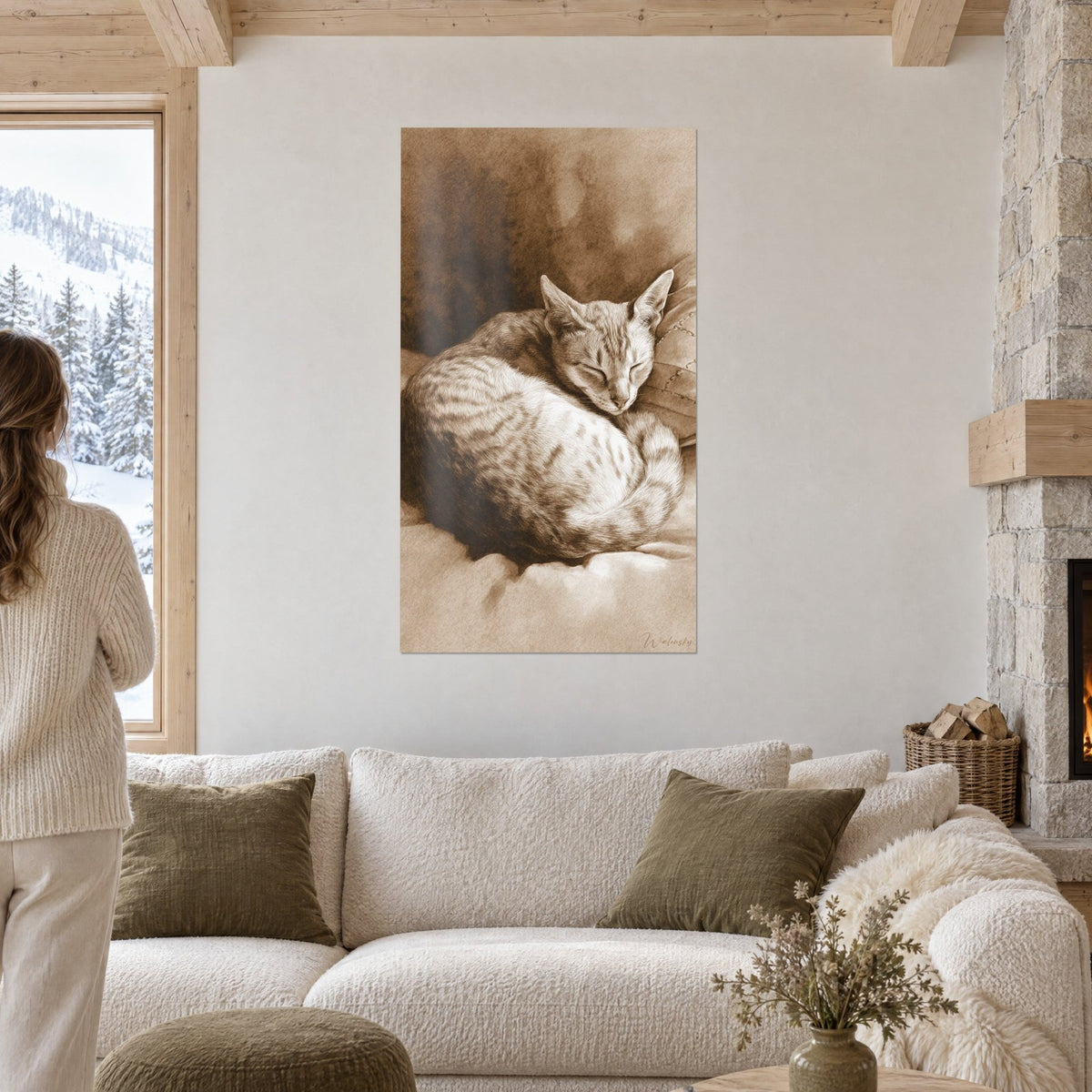 Wall art Singapura cat curled up in a ball, sepia striped fur, above a sofa in a bright living room