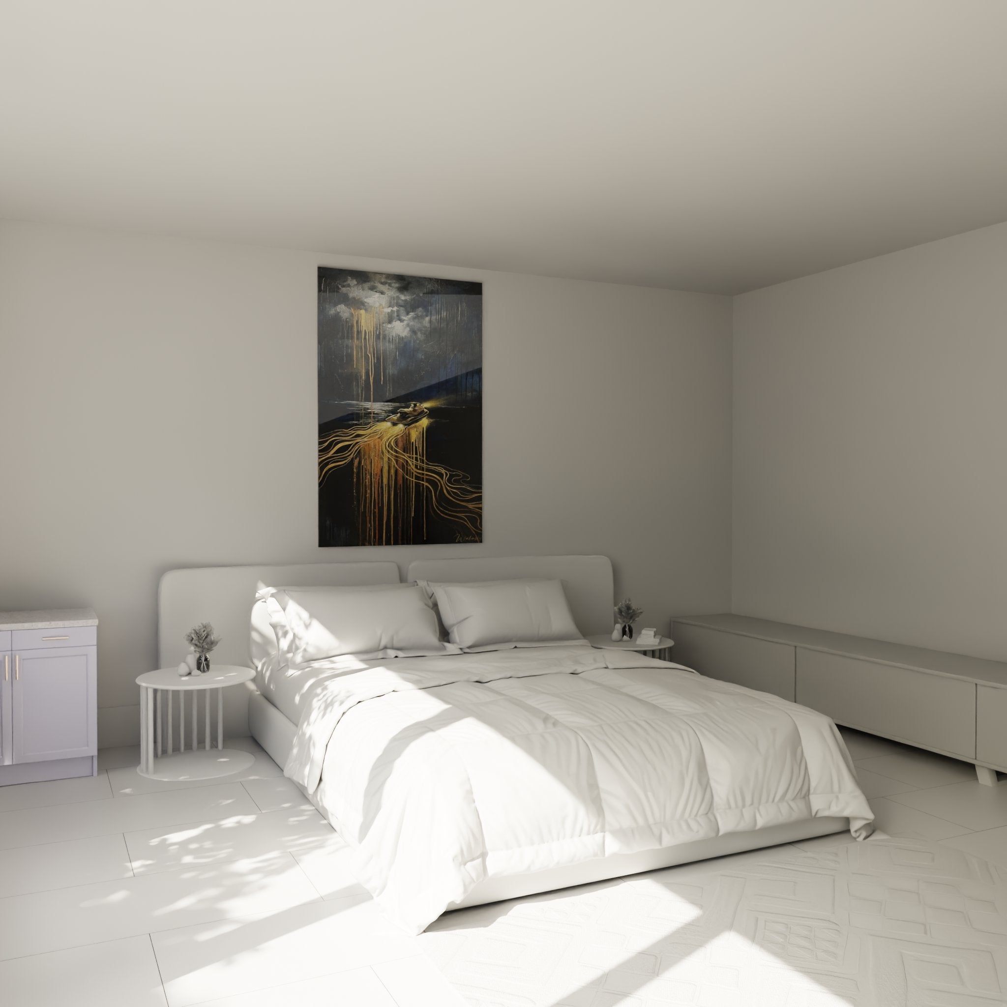 Tableau jetski tempête dorée installé dans chambre moderne, décoration murale élégante et dynamique