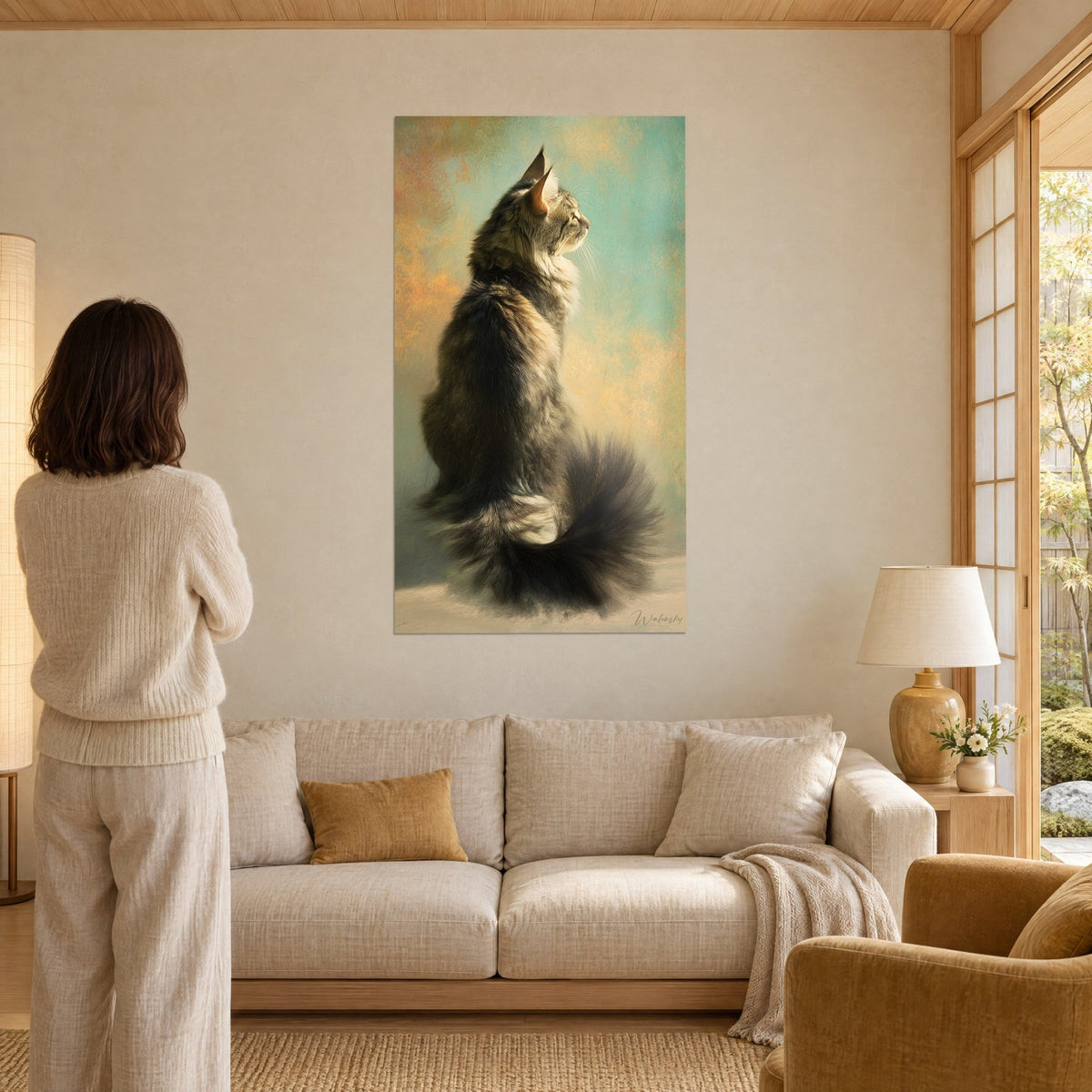 Gemälde American-Bobtail-Katze im Profil, falbgraues Fell, türkisfarbener und orangefarbener Hintergrund, über einem Sofa in einem hellen Wohnzimmer