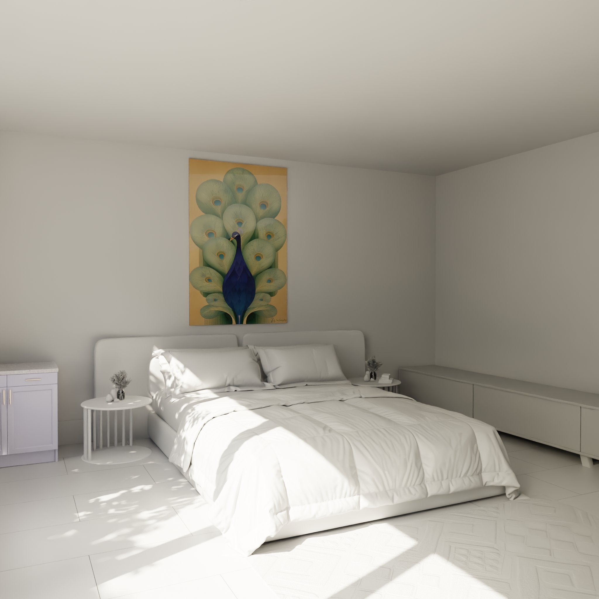 Tableau paon art déco installé dans une chambre moderne, apportant élégance et sophistication à la déco