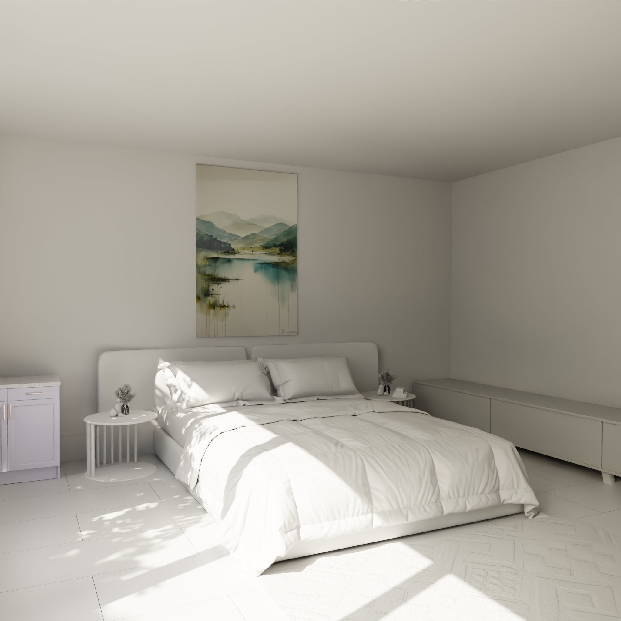 Tableau paysage montagneux dans chambre moderne, decoration murale zen avec reflets sur eau et montagnes brumeuses