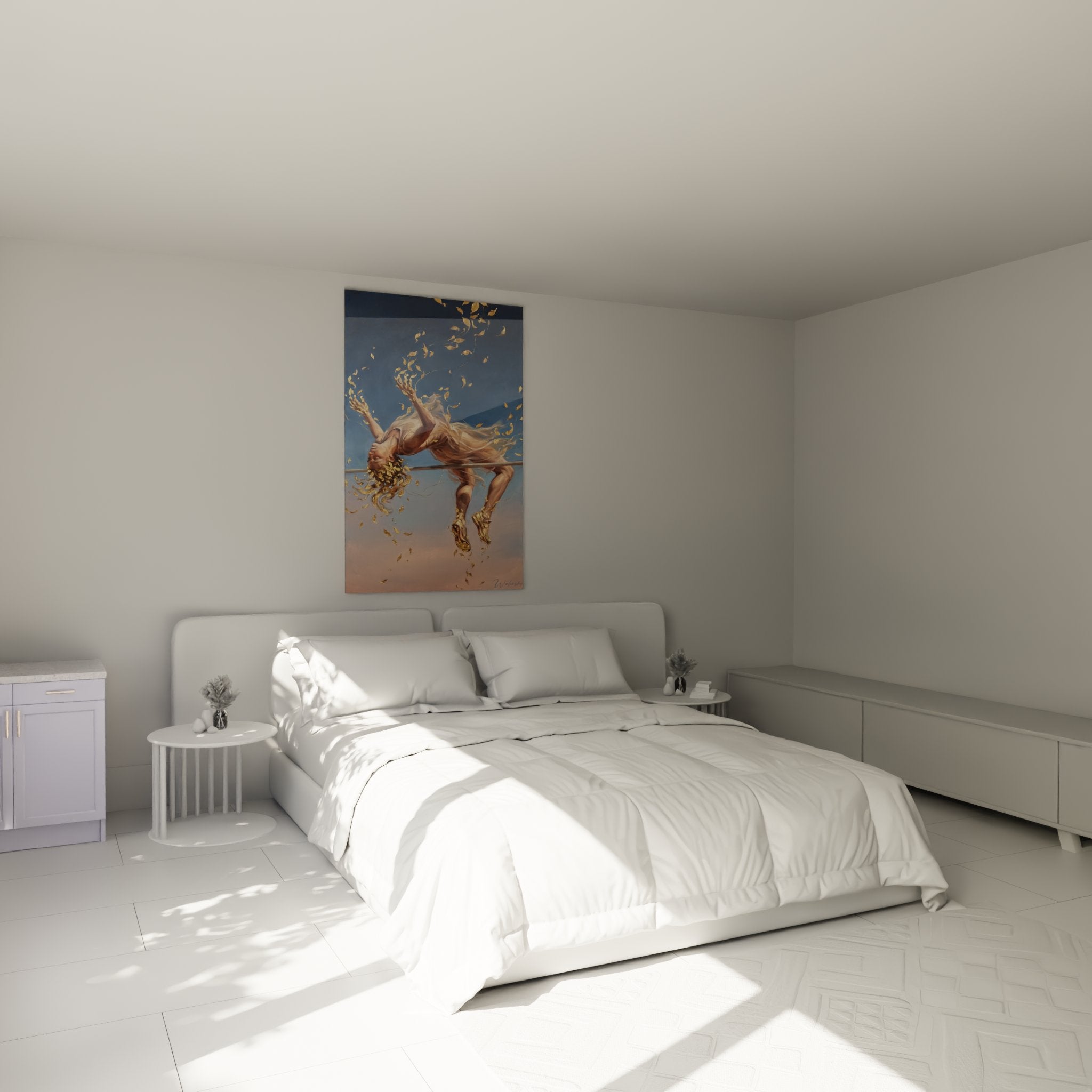 Tableau saut en hauteur doré dans chambre moderne, décoration murale athlétisme élégante