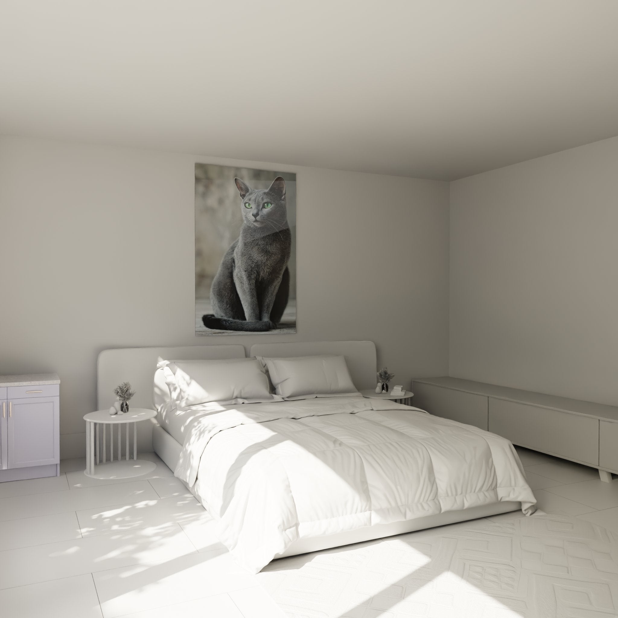 Décoration chambre avec tableau chat Burmilla élégant aux yeux verts, ambiance cosy et raffinée