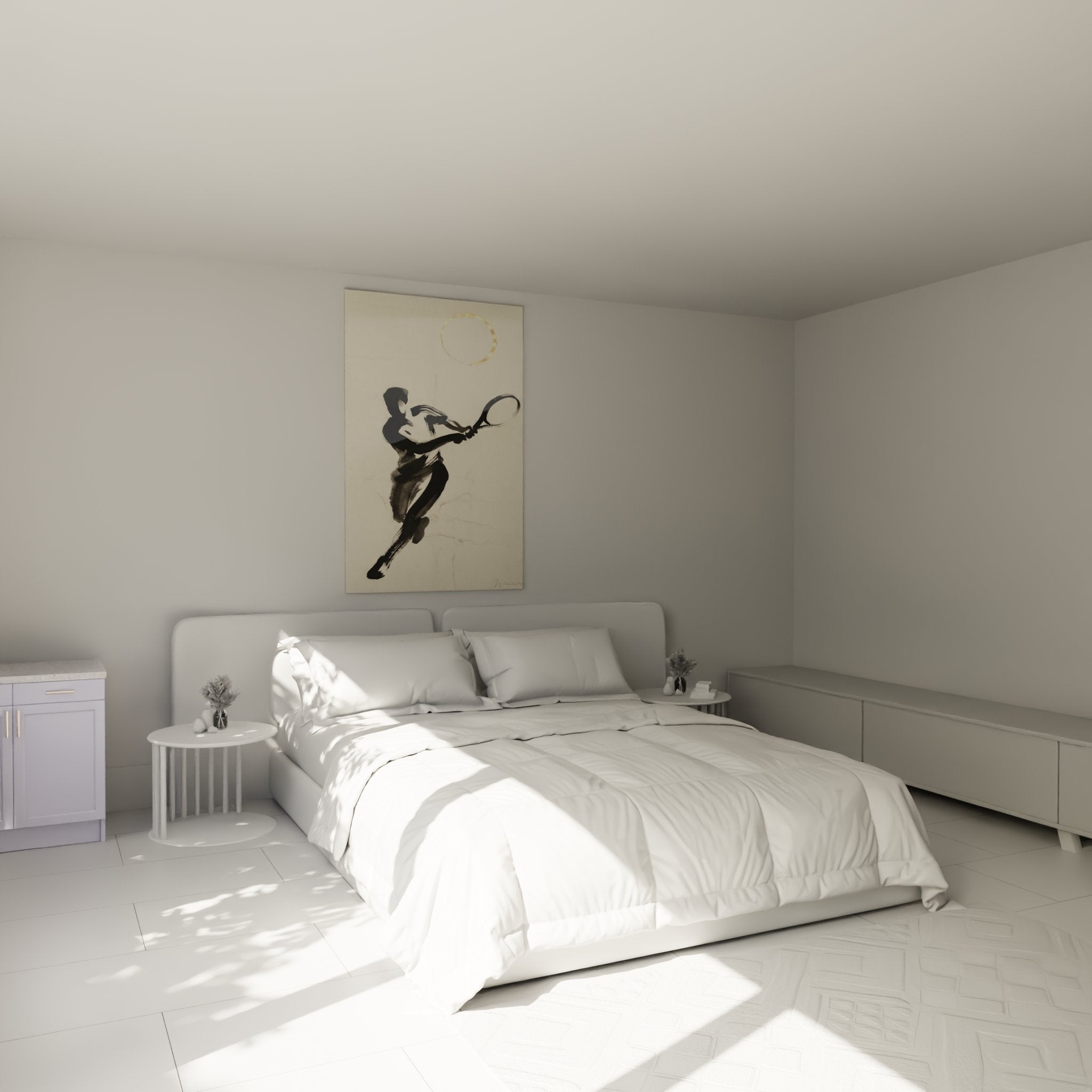 Décoration murale tennis zen dans chambre moderne, tableau minimaliste joueur encre noire