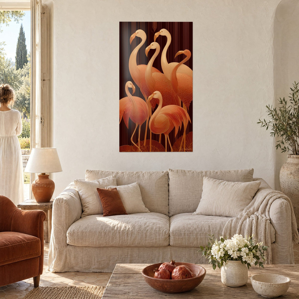 Schilderij zes roze flamingo's met S-vormige halzen, koper- en ivoorkleurig verenkleed op een bordeauxrode achtergrond, boven een bank in een lichte woonkamer