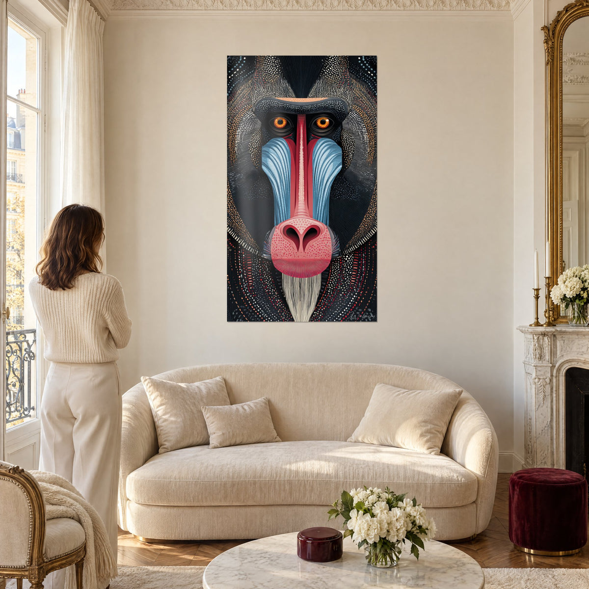 Cuadro de un mandril estilizado con hocico rosa y mejillas azul cielo, ojos naranjas, mujer de espaldas, sobre un sofá en un salón luminoso