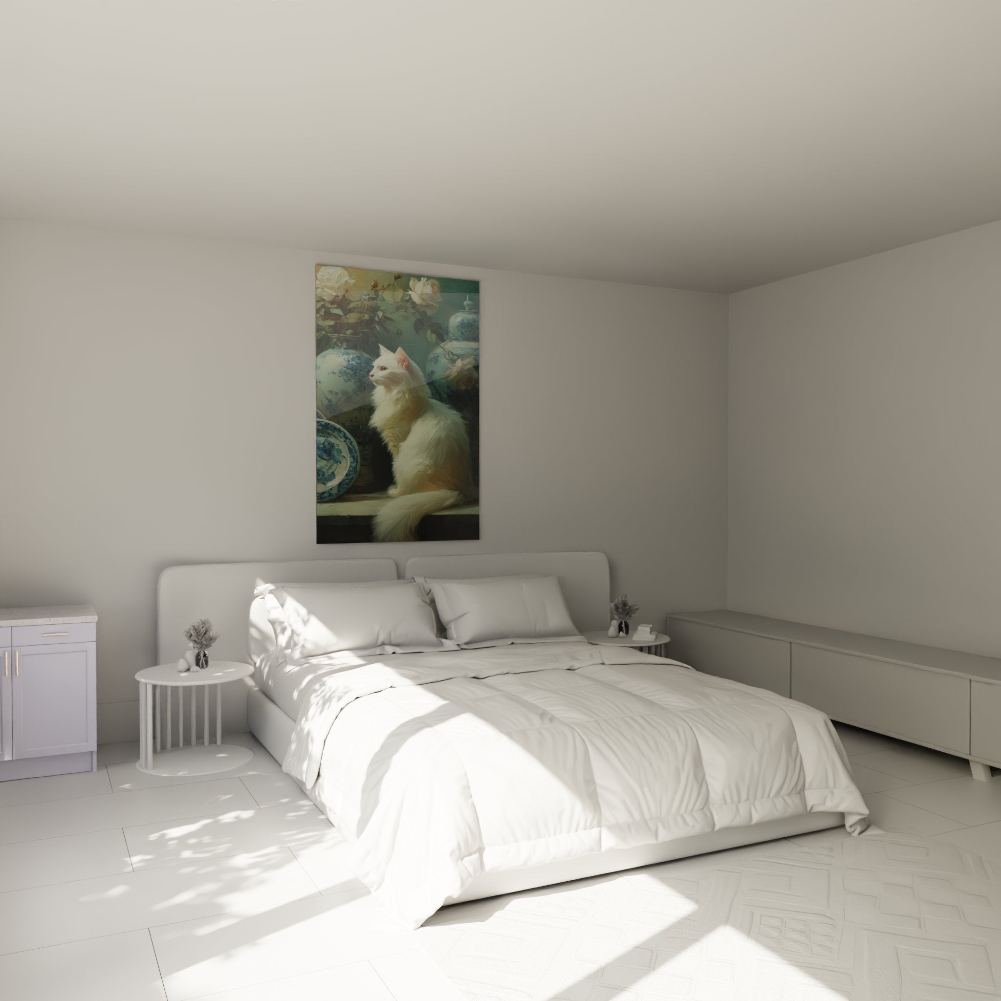 Decorazione murale camera da letto con quadro gatto bianco e porcellane orientali stile romantico e raffinato