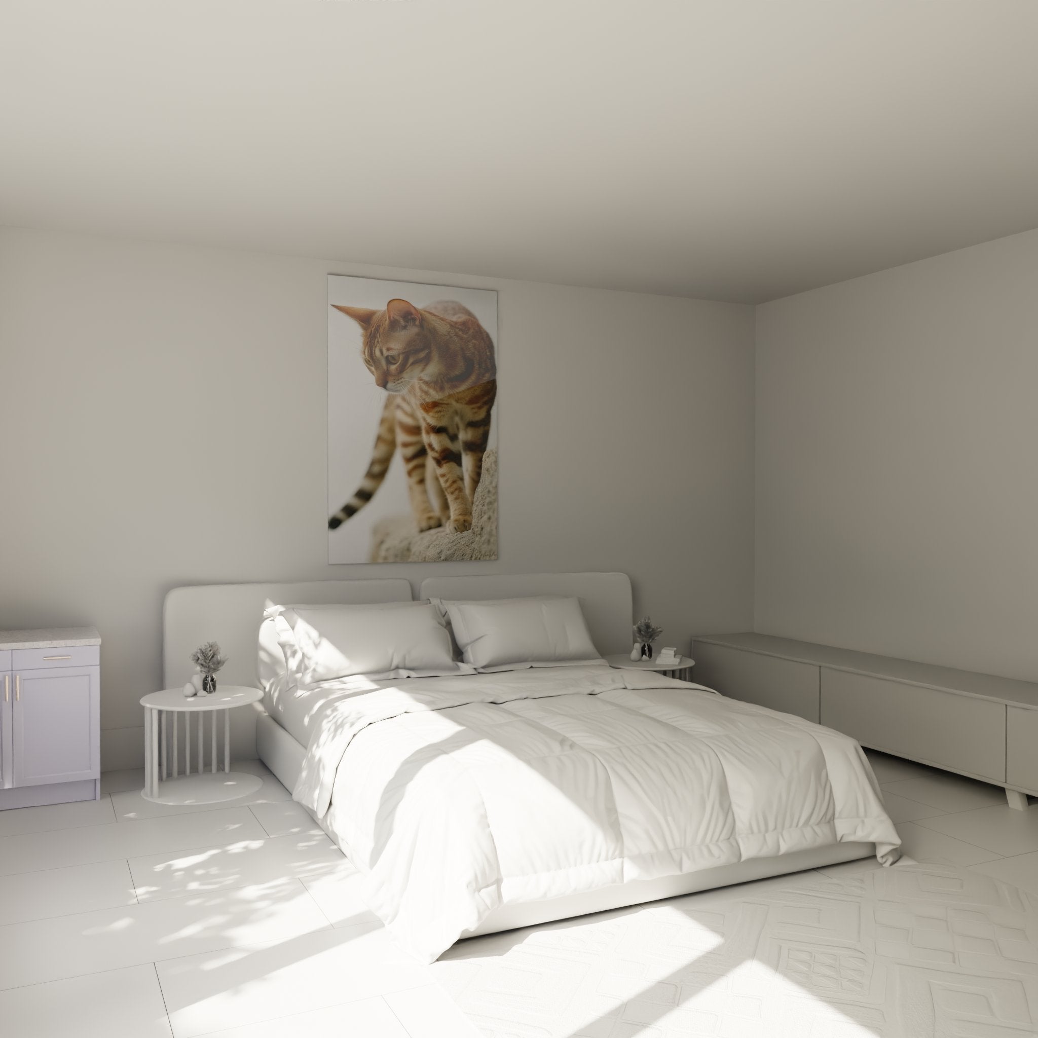 Tableau chat Sokoke contemplatif décorant une chambre moderne avec élégance et raffinement