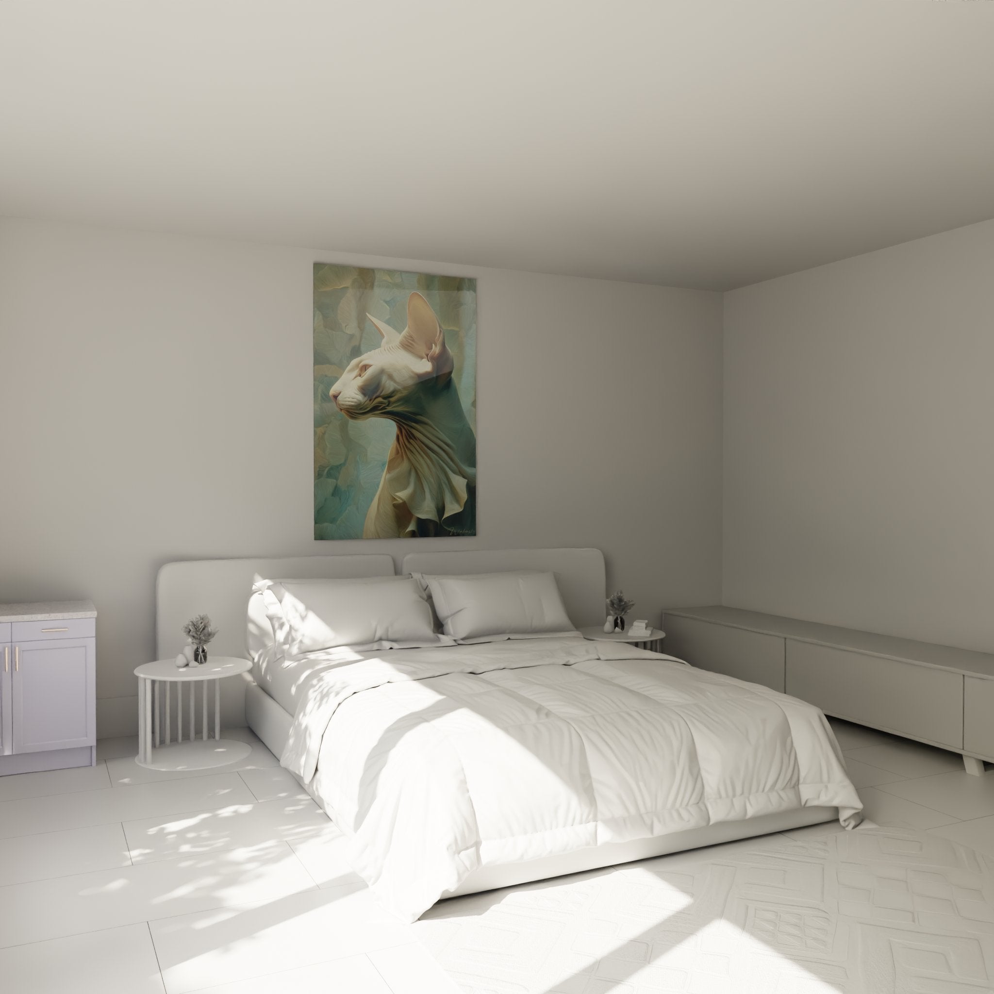 Décoration chambre avec tableau chat Sphynx drapé créant une ambiance sophistiquée et apaisante