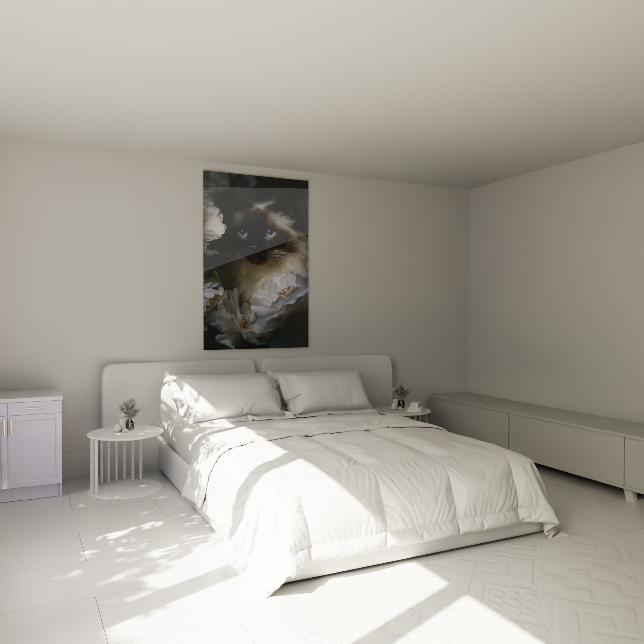 Quadro gatto birmano peonie bianche decora camera moderna con eleganza arte murale felino premium