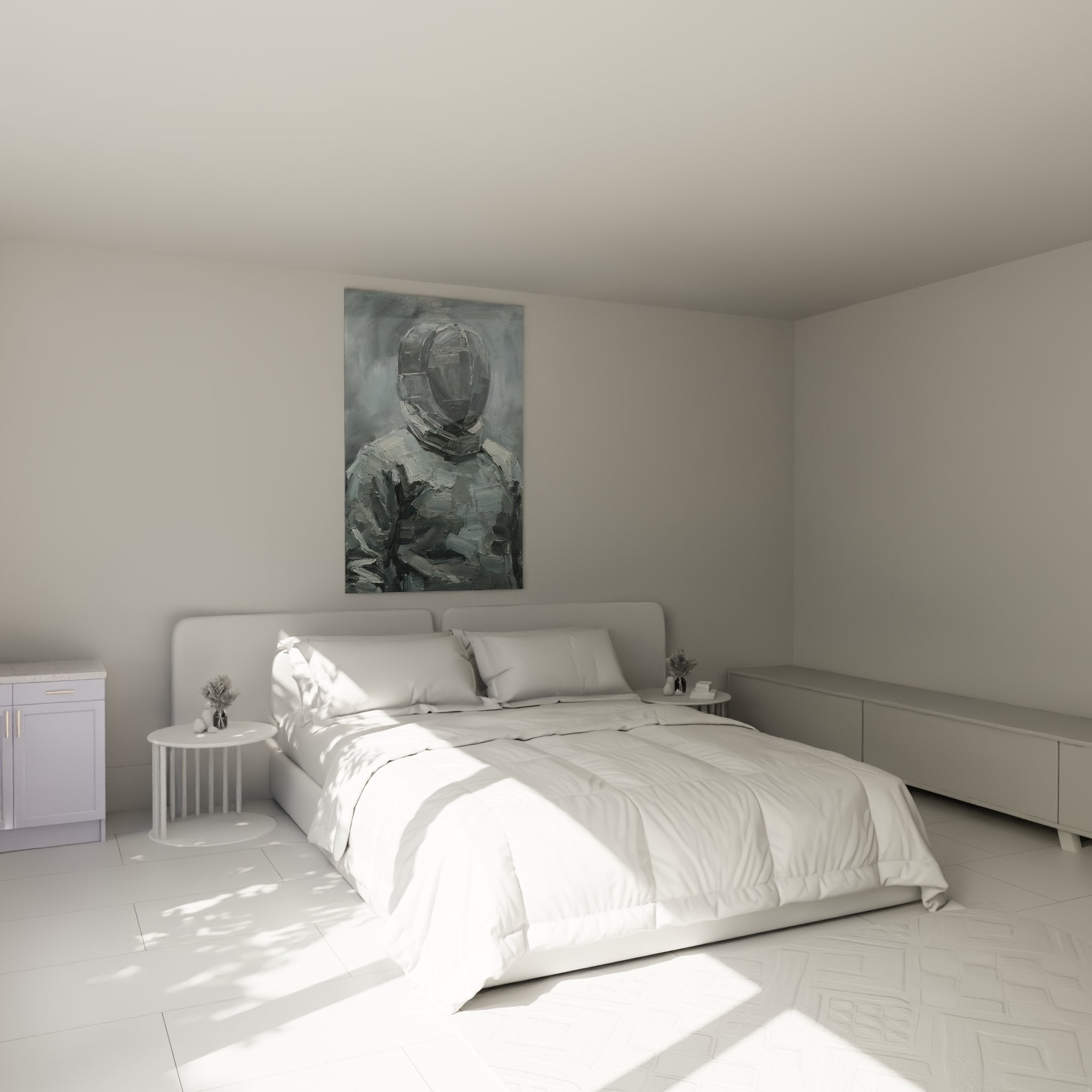 Quadro schermitore con maschera in camera da letto decorazione murale moderna pittura grigia atmosfera contemporanea