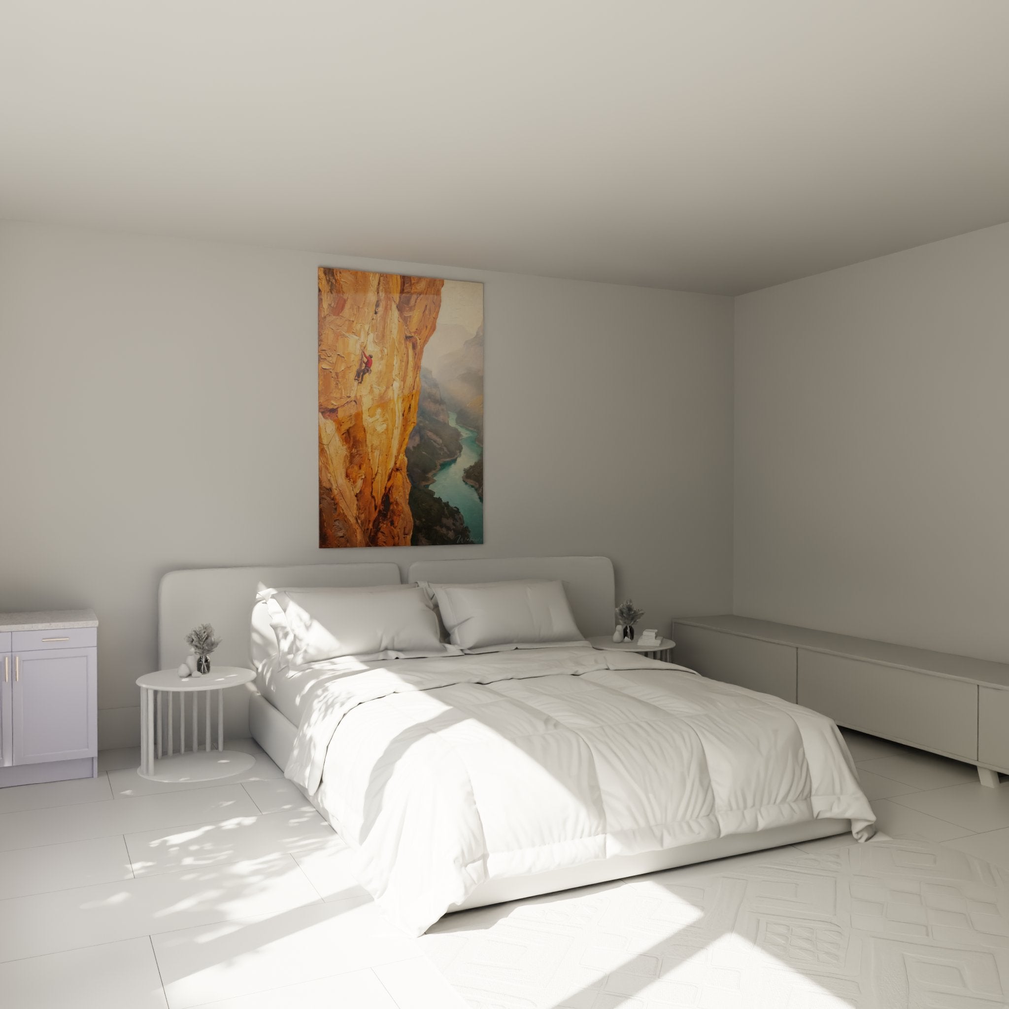 Decoration murale escalade dans chambre moderne avec tableau canyon et grimpeur en action sur falaise