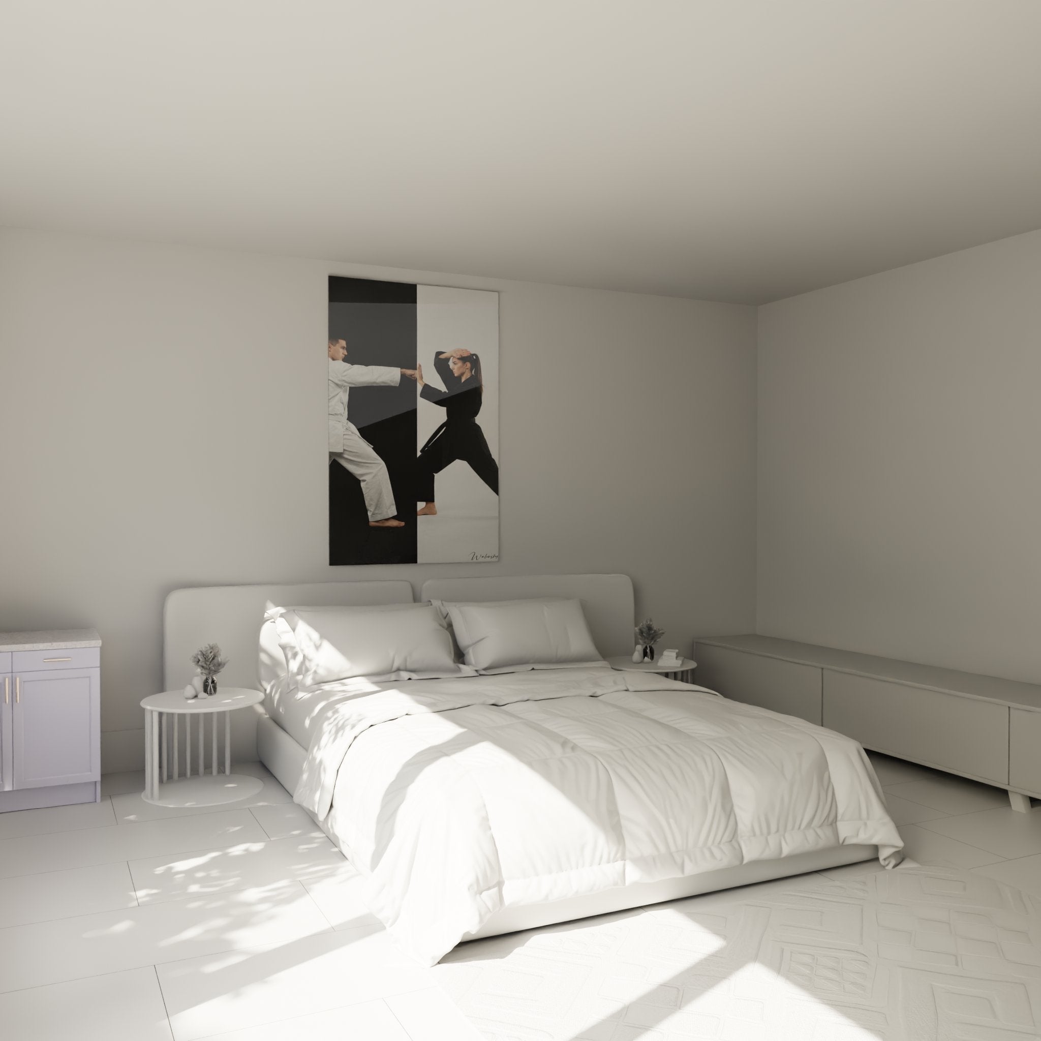 Décoration murale karaté yin yang dans chambre moderne avec karatékas en harmonie noir et blanc